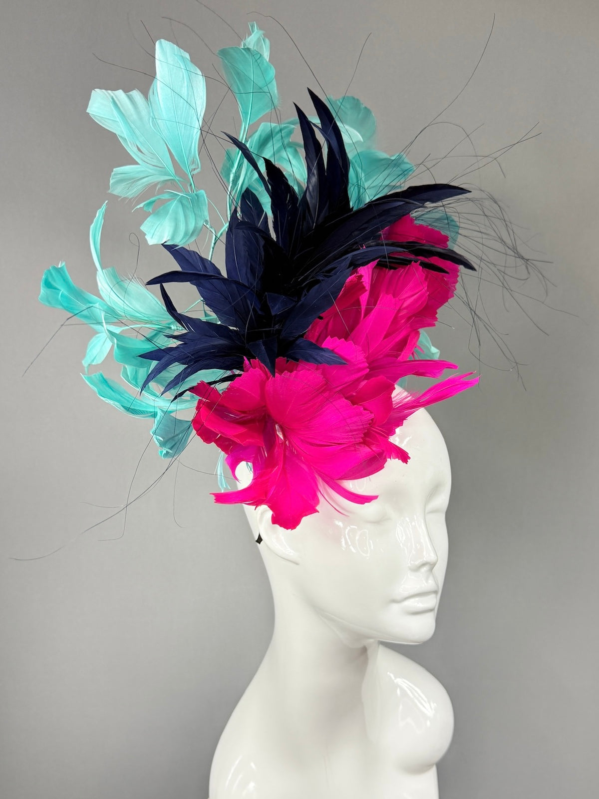 Kentucky Derby Fascinator Hat | Pink, navy, and teal feathered Headpiece | Derbyologie