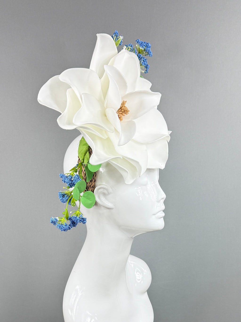 Kentucky Derby Fascinator Hat | White magnolia with blue and green flowers Headpiece | Derbyologie
