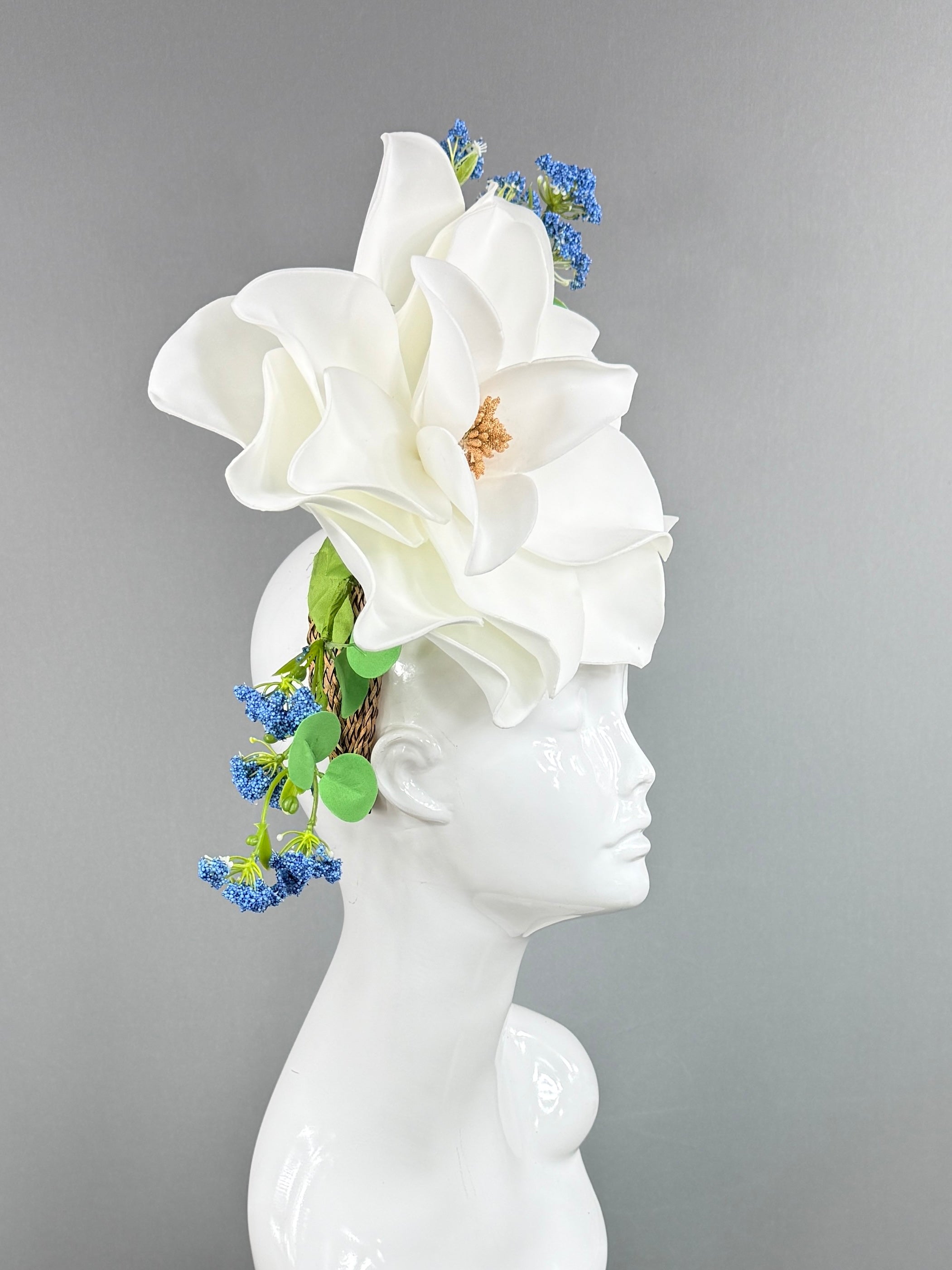 Kentucky Derby Fascinator Hat | White magnolia with blue and green flowers Headpiece | Derbyologie