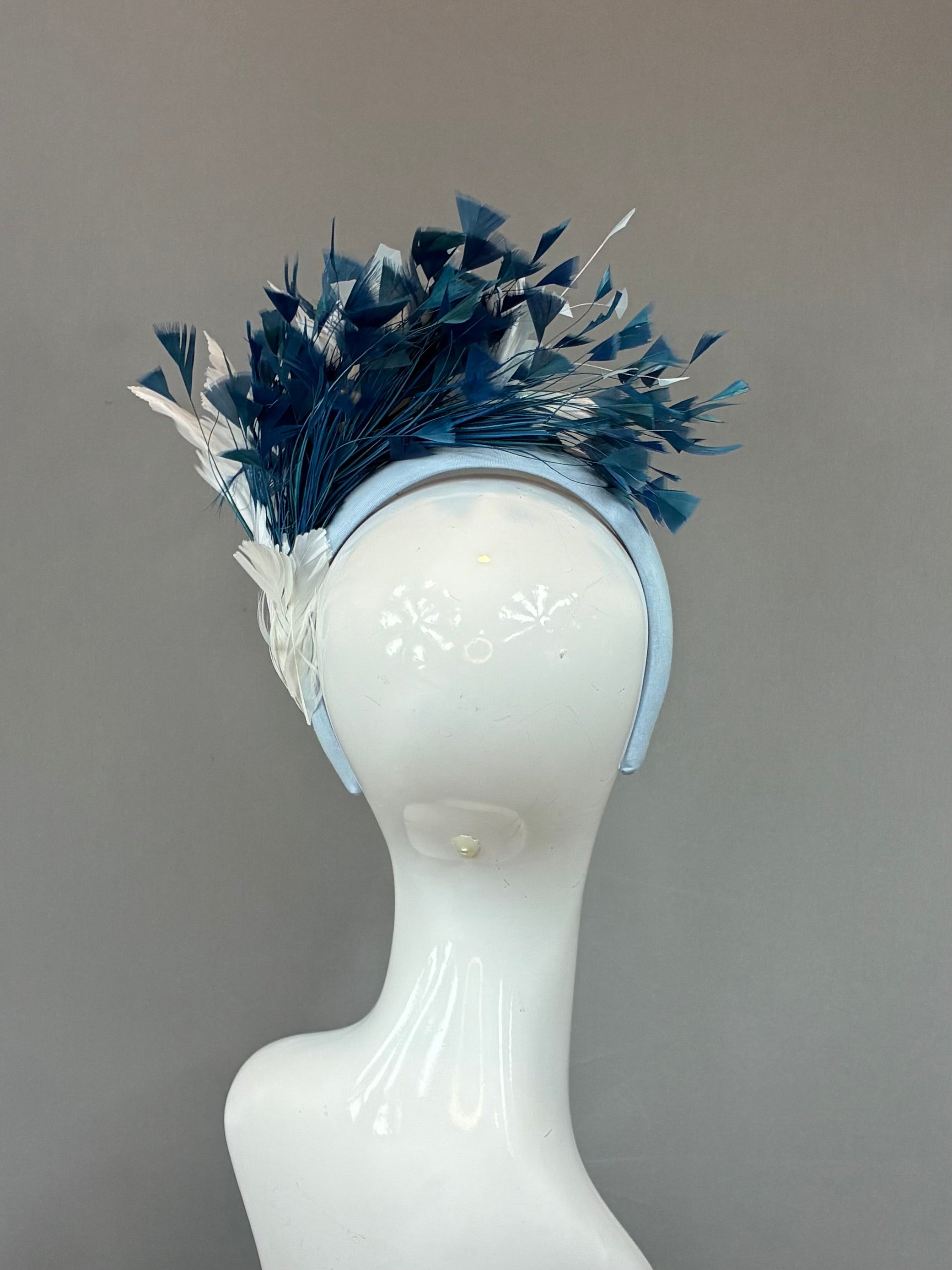 Kentucky Derby Fascinator Hat |Blue and white feathered Headband Hat | Derbyologie