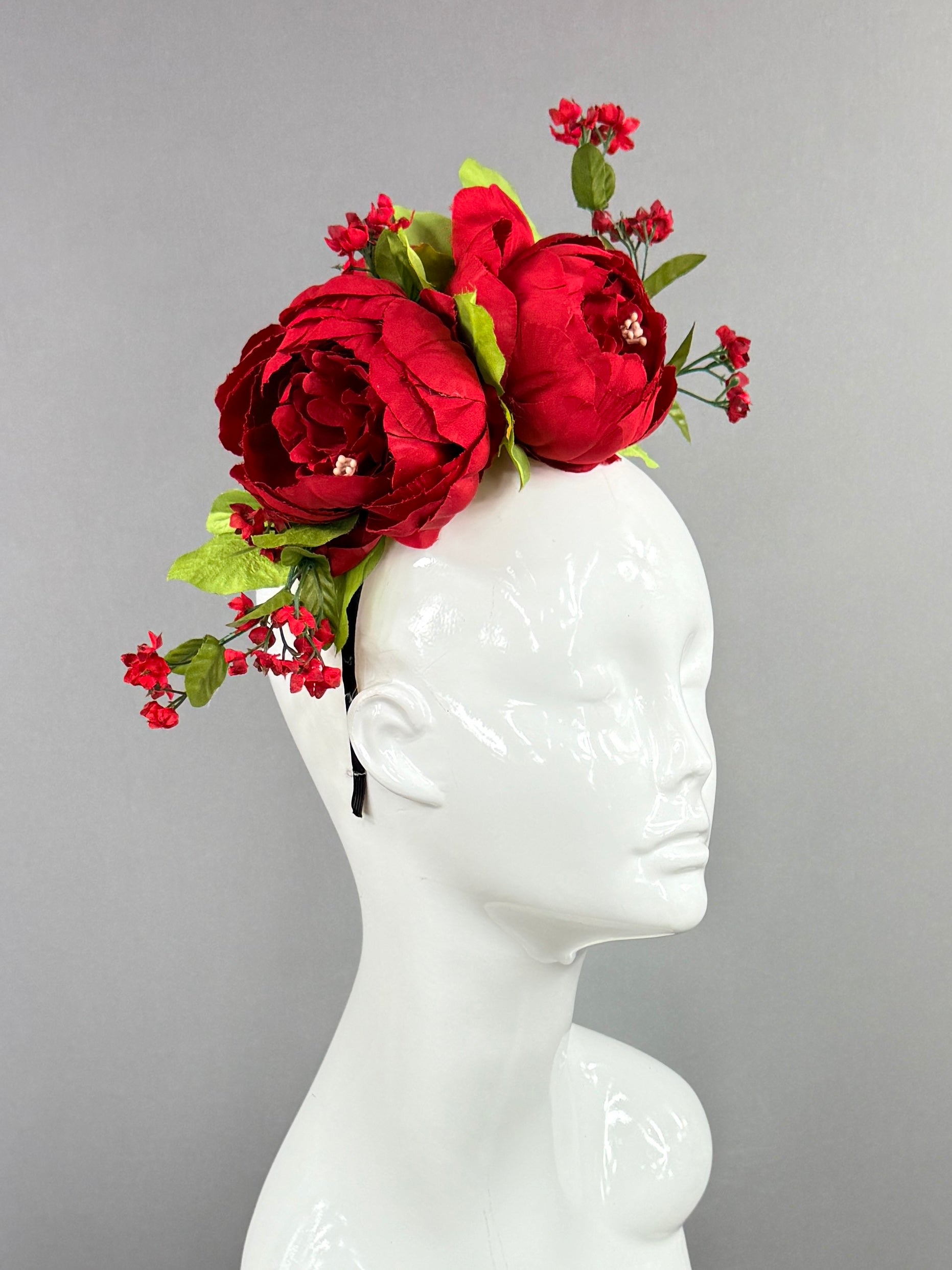 Kentucky Derby Fascinator Hat | Red peonies with green leaves  Headpiece | Derbyologie