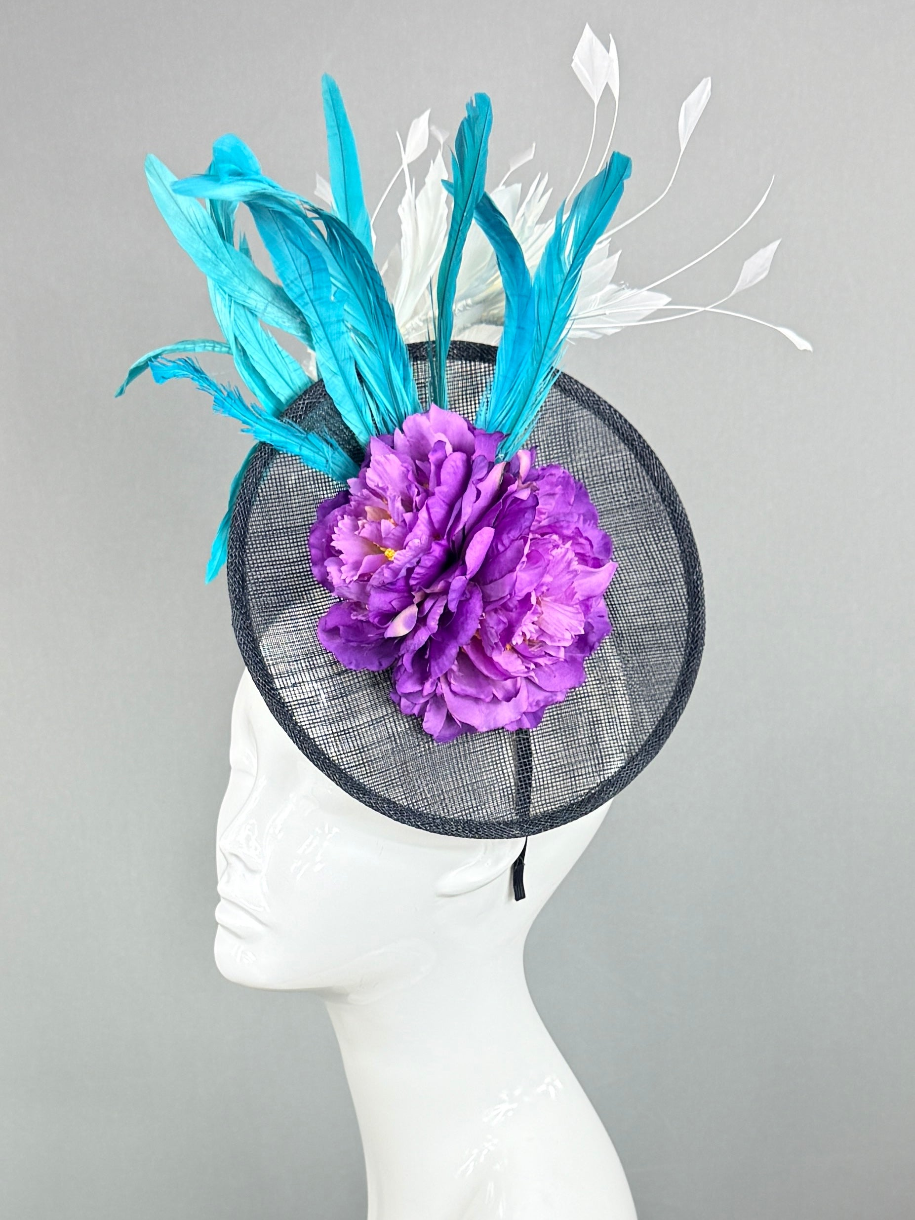 Kentucky Derby Fascinator Hat | Purple, white, teal, and black Headpiece | Derbyologie