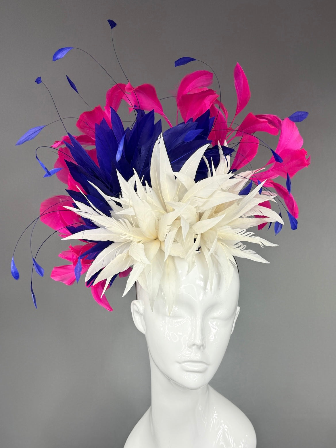 Kentucky Derby Fascinator Hat |  White, navy, and pink feathered  Headpiece | Derbyologie