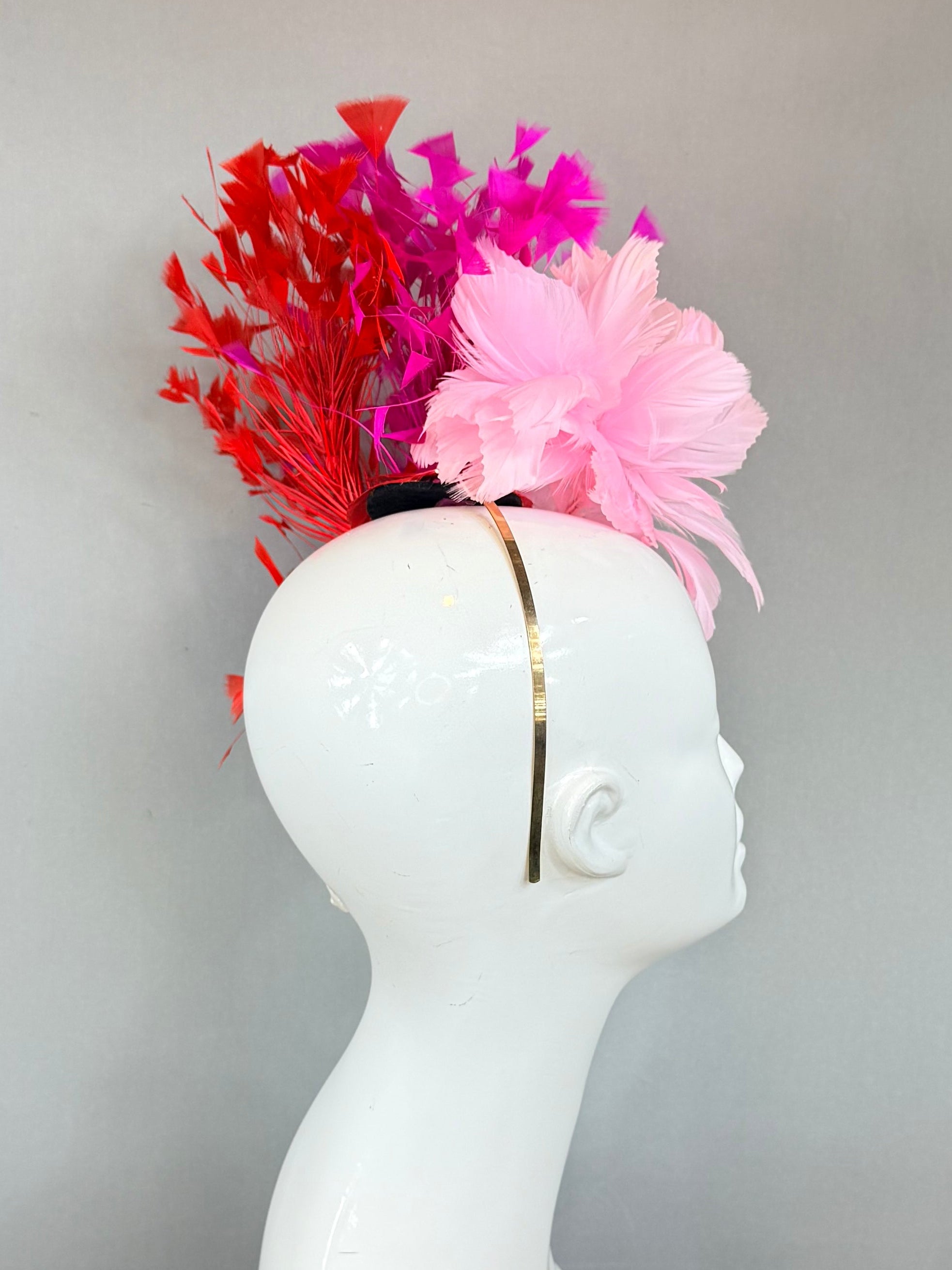Pink, Fuchsia, and Red  Derby Fascinator, Kentucky Derby Hat Alternative, Kentucky derby hat (GOLD LINE)