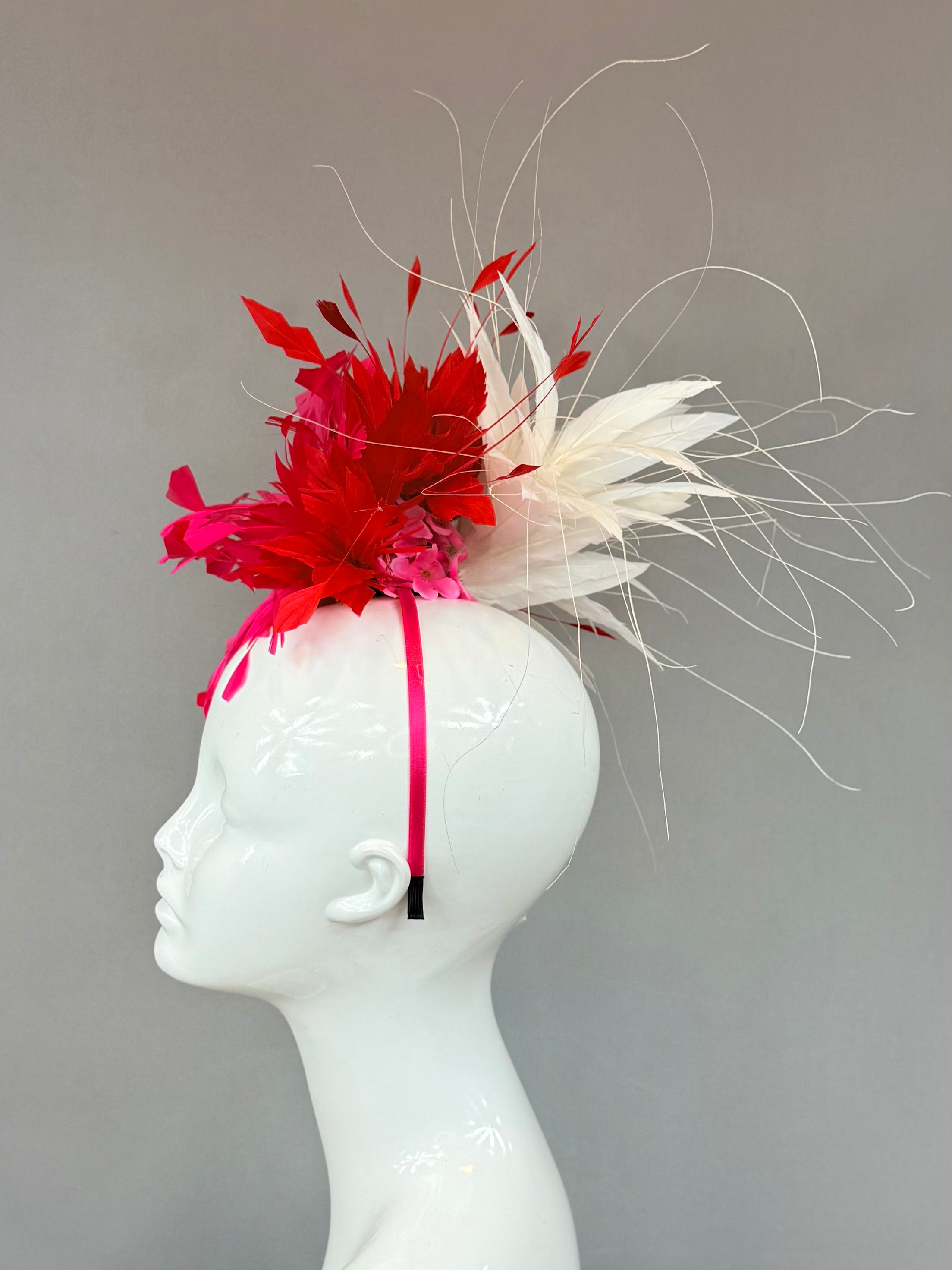 Kentucky Derby Fascinator Hat | fuchsia, red, and white feathered Headband Hat | Derbyologie