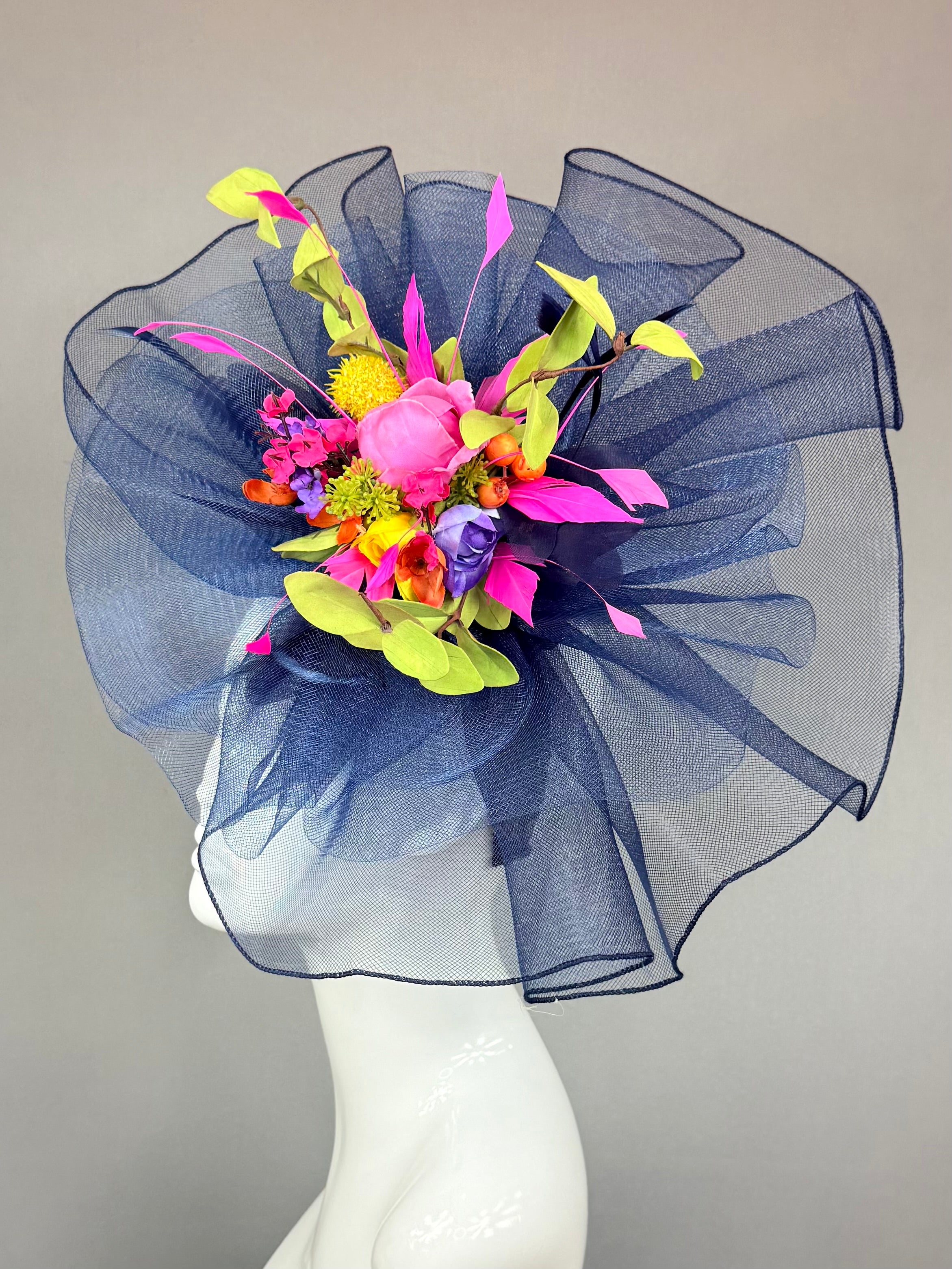 Kentucky Derby Fascinator Hat | Navy blue and colorful bouquet Headband Hat | Derbyologie