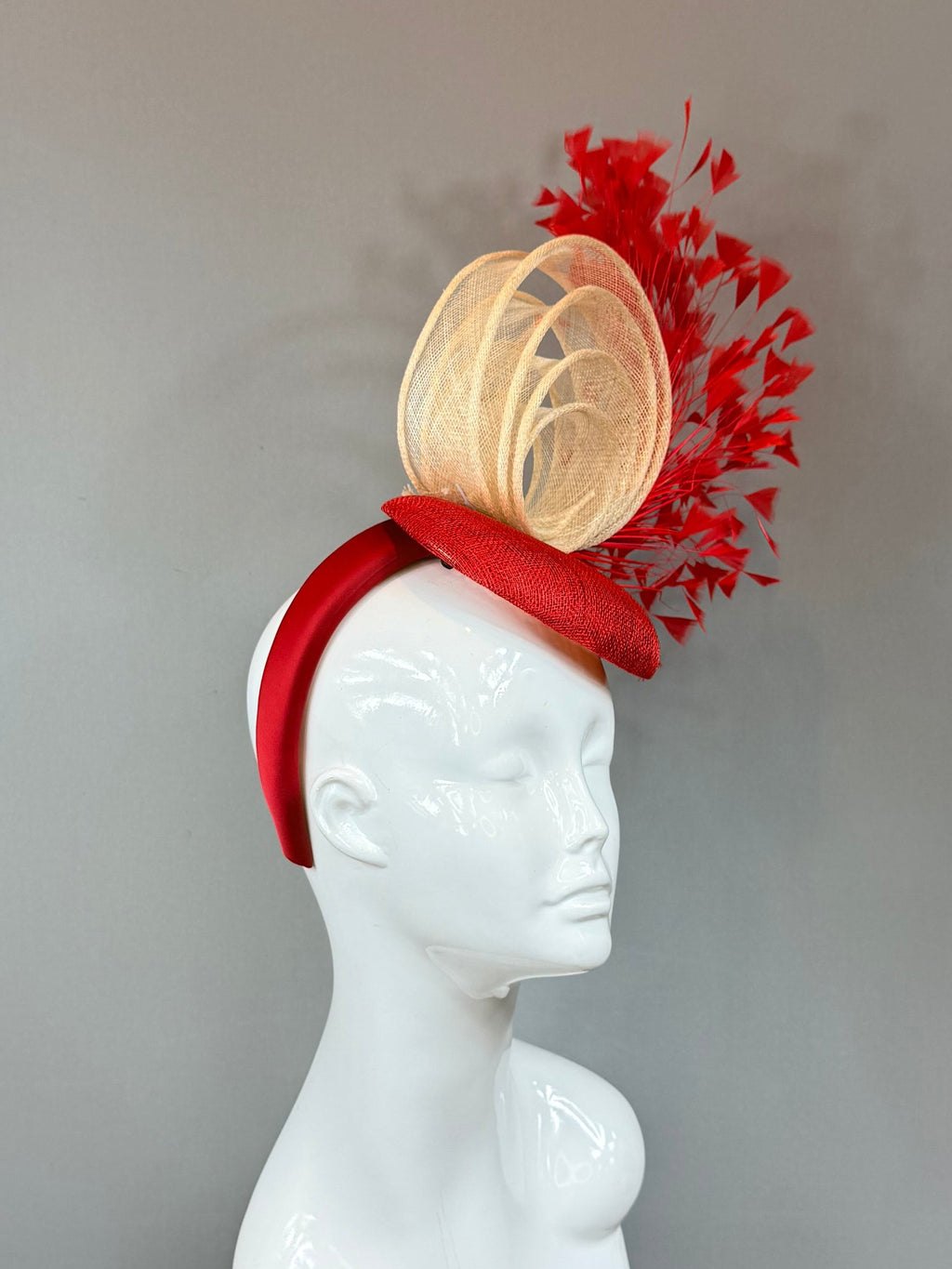 Kentucky Derby Fascinator | Red and Beige Feather Hat | Derbyologie
