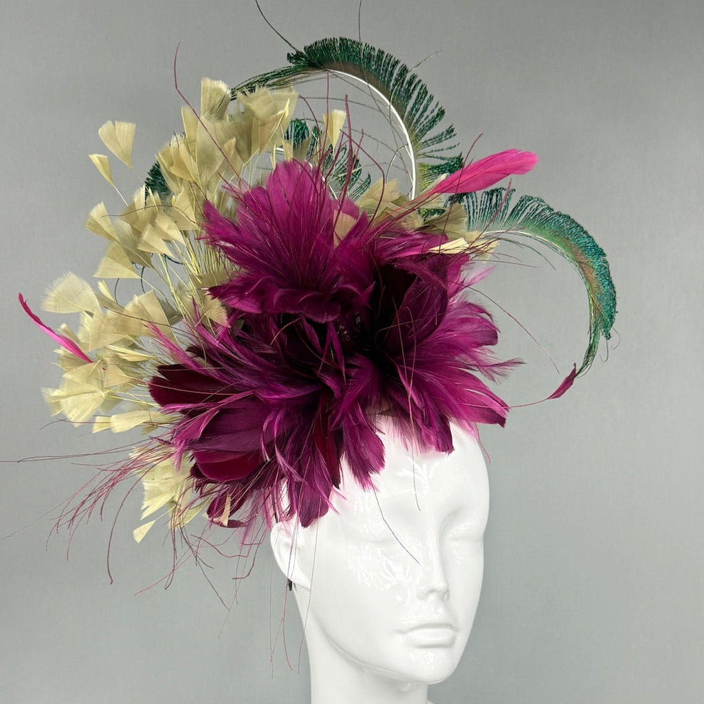 Kentucky Derby Fascinator Hat |  Purple, gold, and green feathered Headpiece | Derbyologie