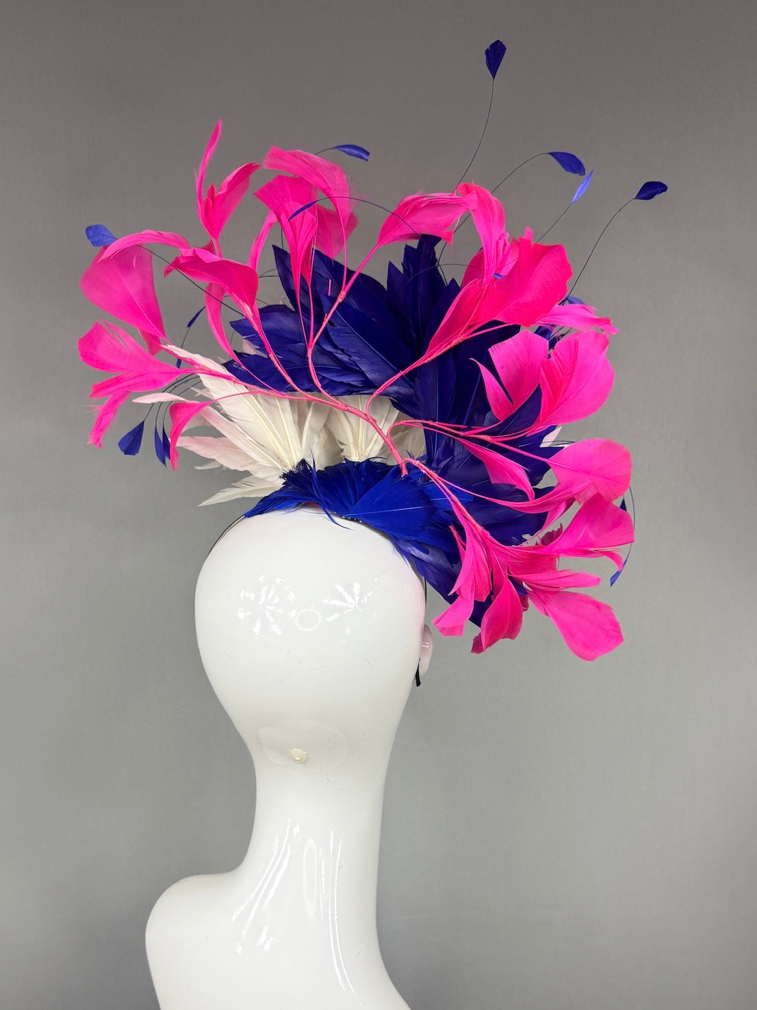 Kentucky Derby Fascinator Hat |  White, navy, and pink feathered  Headpiece | Derbyologie