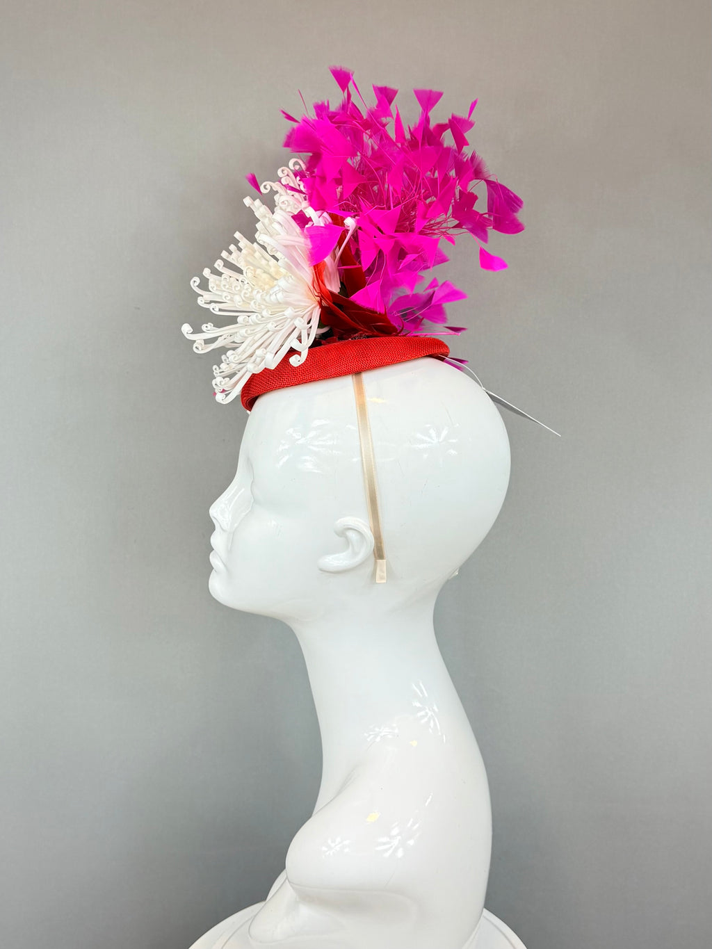 Kentucky Derby Fascinator Hat | Pink, Red & white Feather Headpiece | Derbyologie