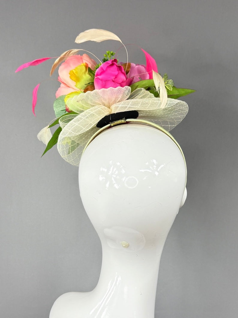 Kentucky Derby Fascinator Hat | Pink flower arrangement Headpiece | Derbyologie