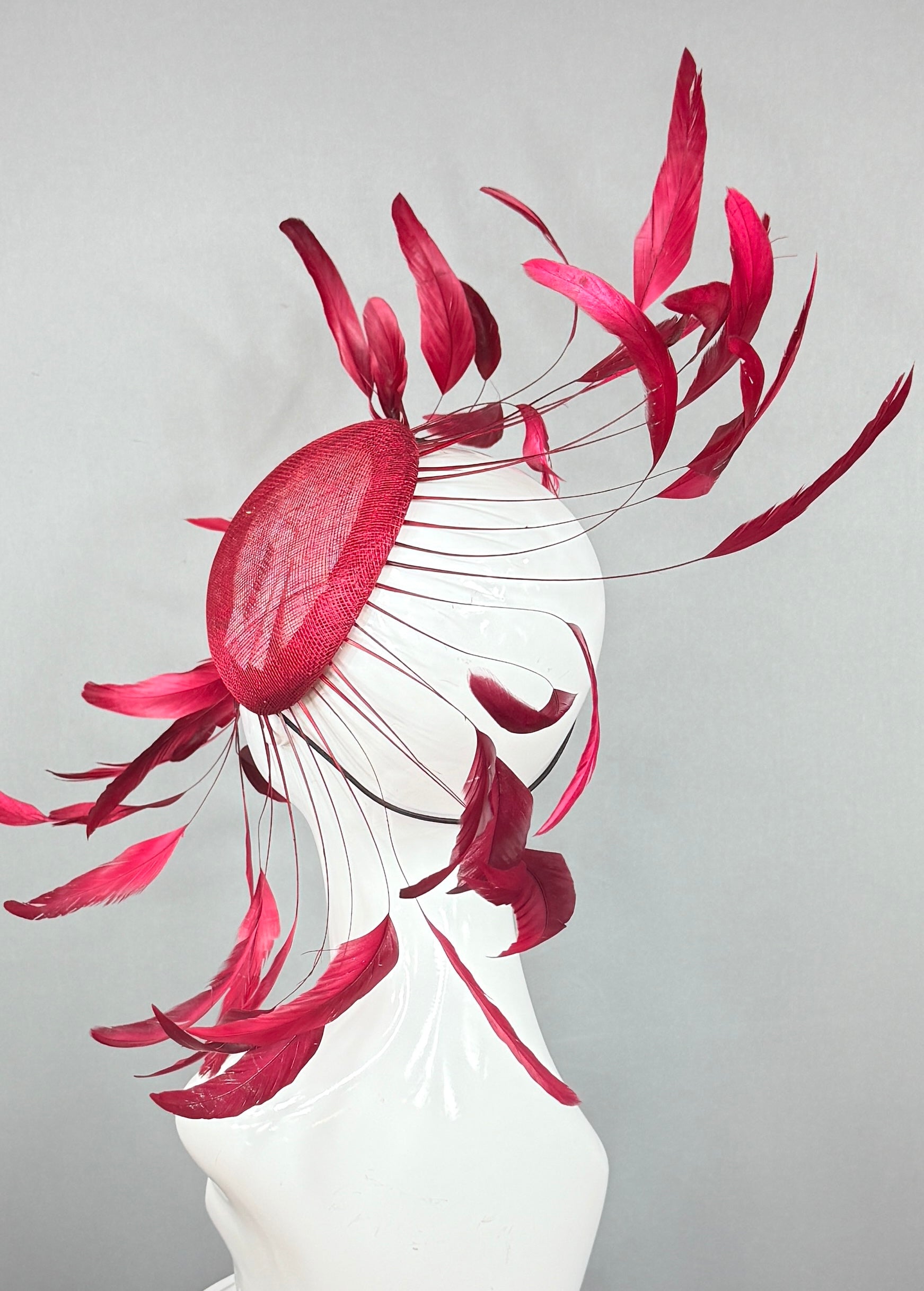 Kentucky Derby Fascinator Hat | Cranberry, wine Feather Headpiece | Derbyologie