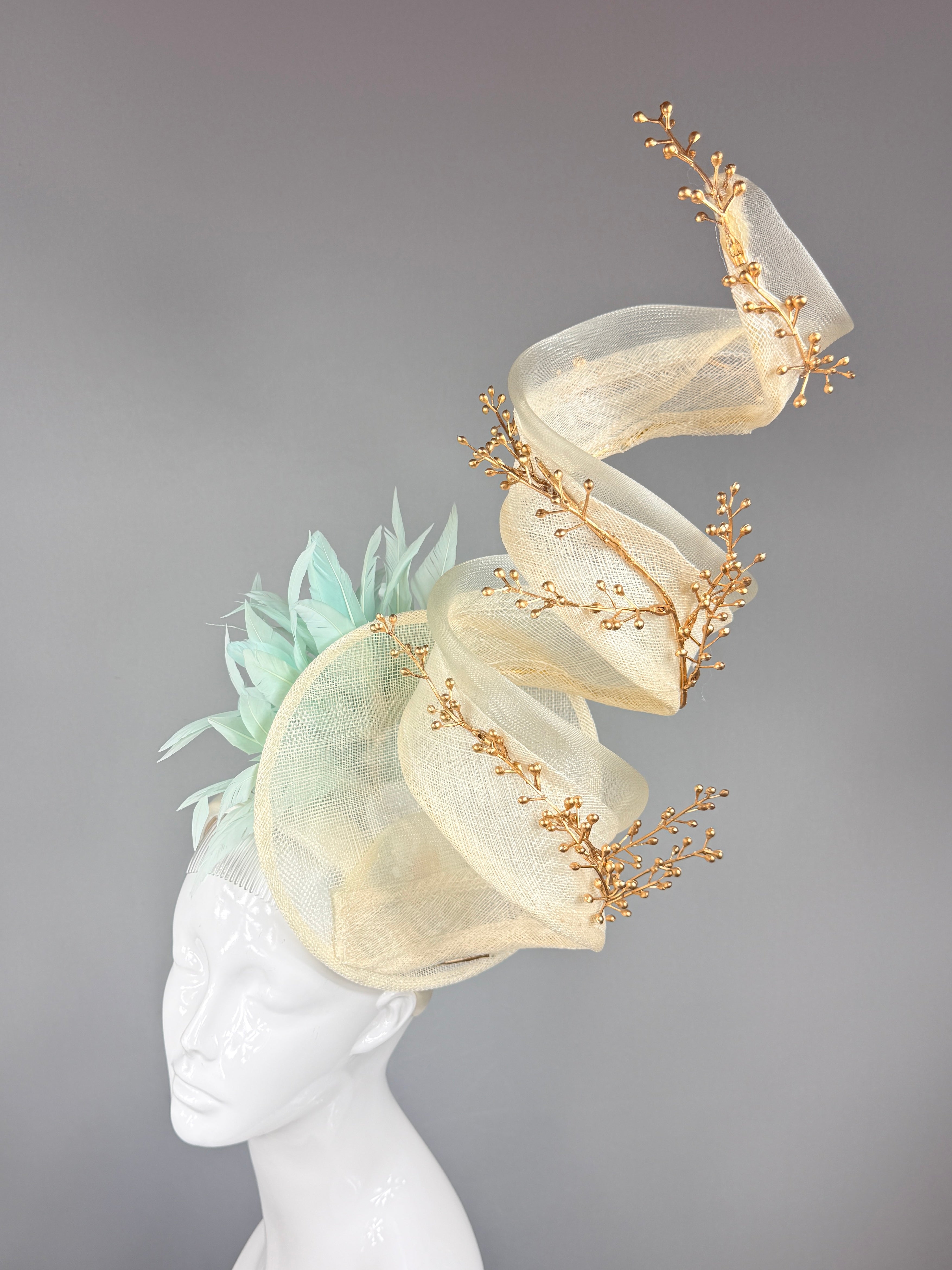 Kentucky Derby Fascinator Hat | Cream, gold, mint Headband Hat | Derbyologie