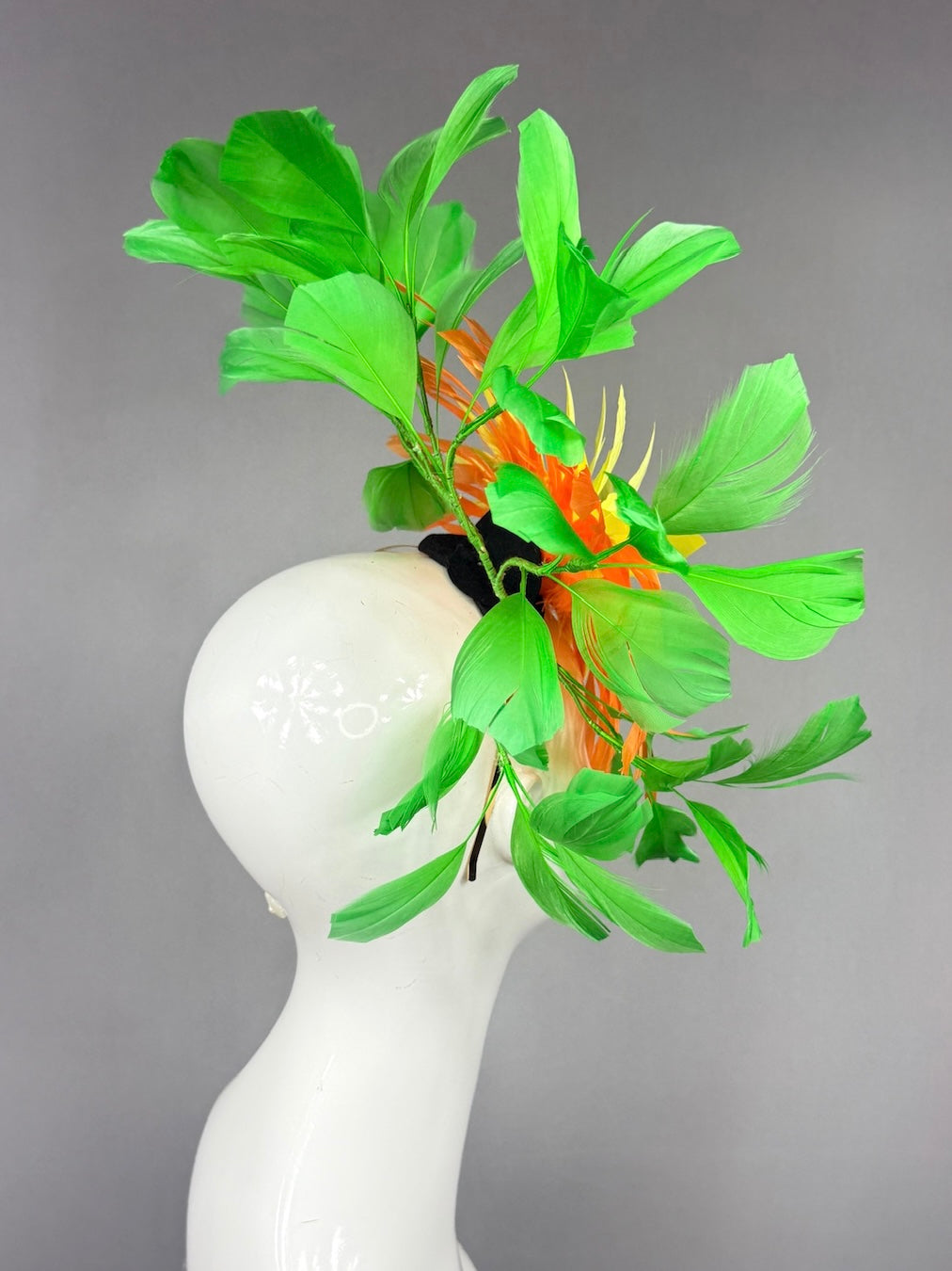 Kentucky Derby Fascinator Hat |  Yellow and Orange feathered dahlia and green feathers Headpiece | Derbyologie