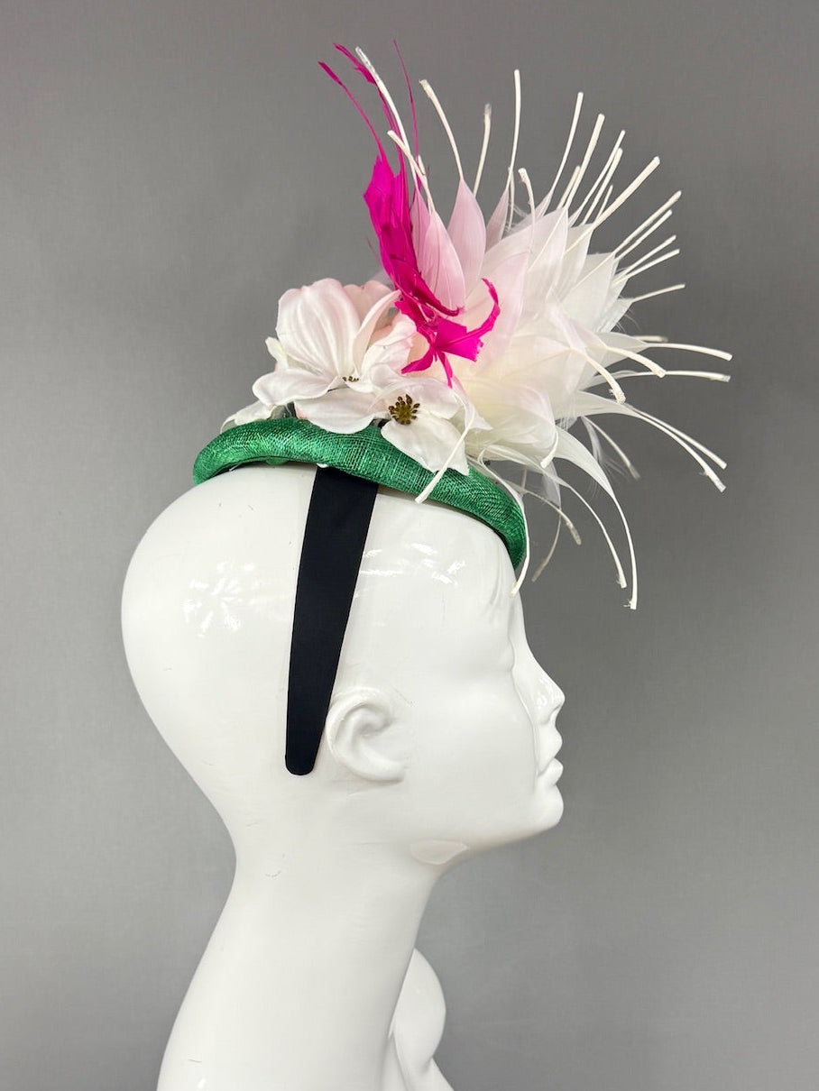 Kentucky Derby Fascinator Hat |White and pink feathered flower Headpiece | Derbyologie