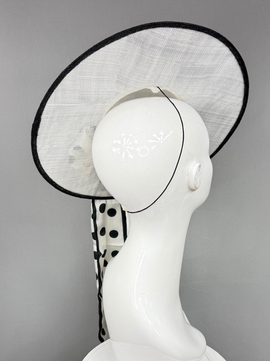 Kentucky Derby Fascinator Hat | White mat with black polka dot bow Headpiece | Derbyologie