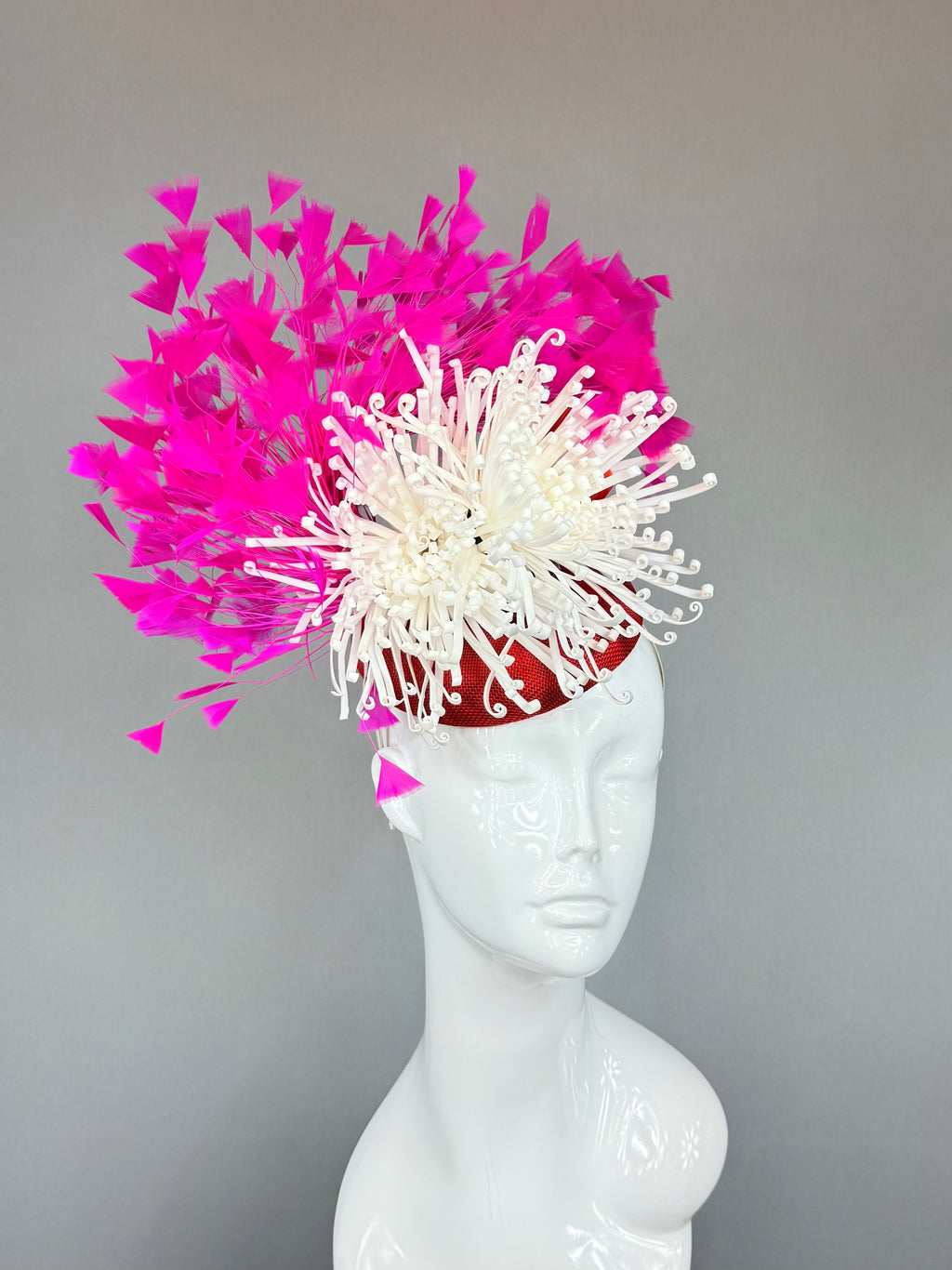 Kentucky Derby Fascinator Hat | Pink, Red & white Feather Headpiece | Derbyologie