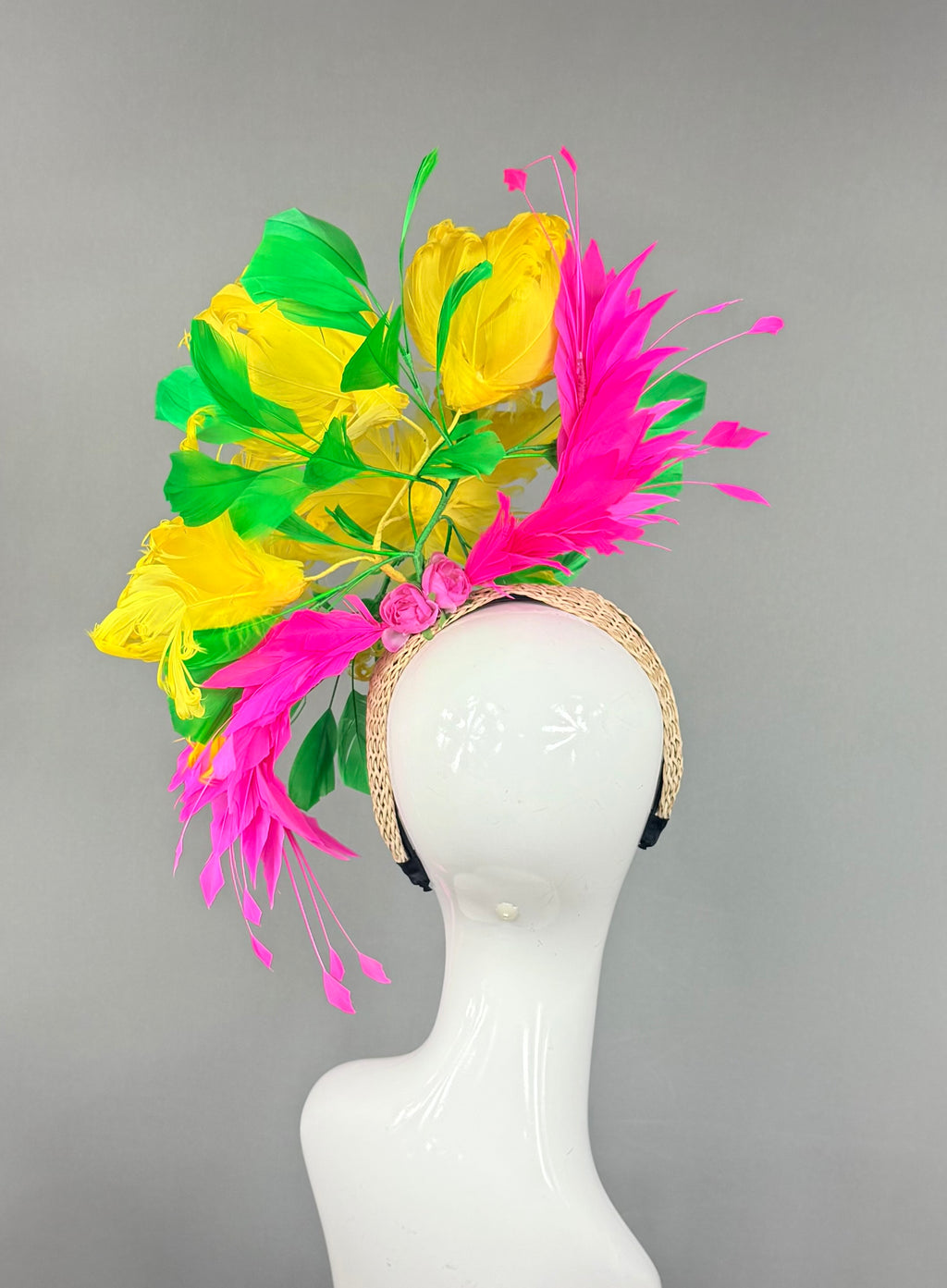Kentucky Derby Fascinator Hat | Yellow Pink & Green Feather Fascinator Hat | Derbyologie