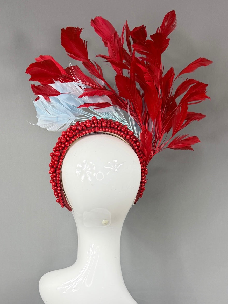 Kentucky Derby Fascinator Hat | Red and light blue feathered Headpiece | Derbyologie