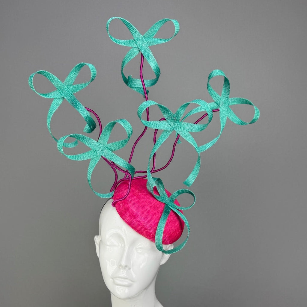 Kentucky Derby Fascinator Hat | Pink and Turquoise Bow Headpiece | Derbyologie