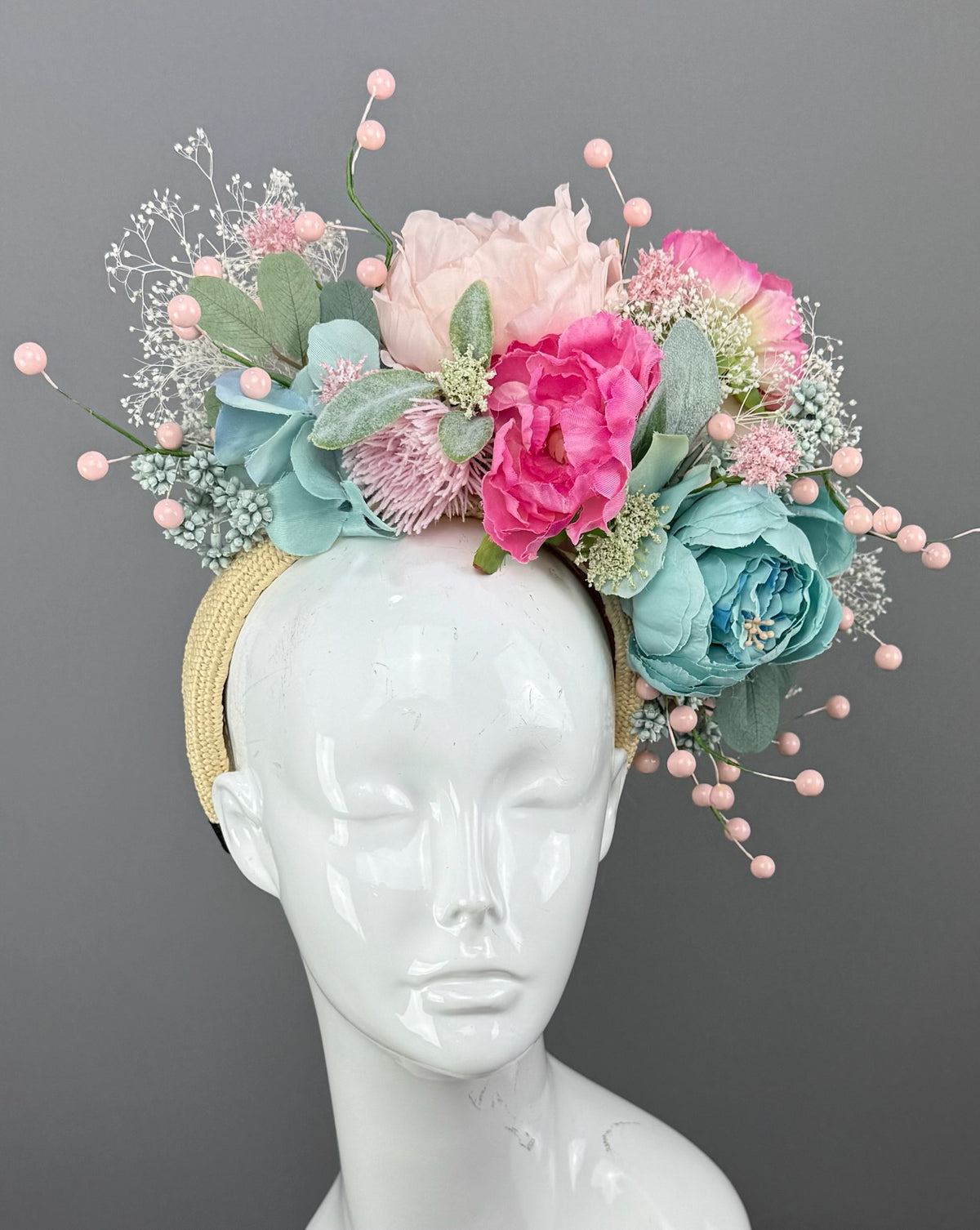Aqua and Pink floral Kentucky Derby fascinator, Derby Hat Alternative (PLATINUM LINE)