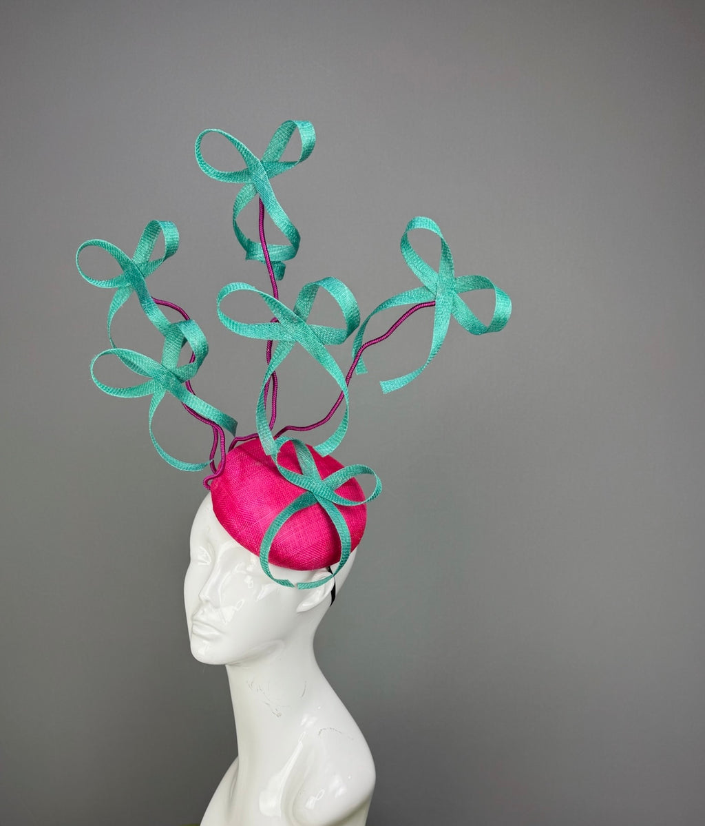 Kentucky Derby Fascinator Hat | Pink and Turquoise Bow Headpiece | Derbyologie