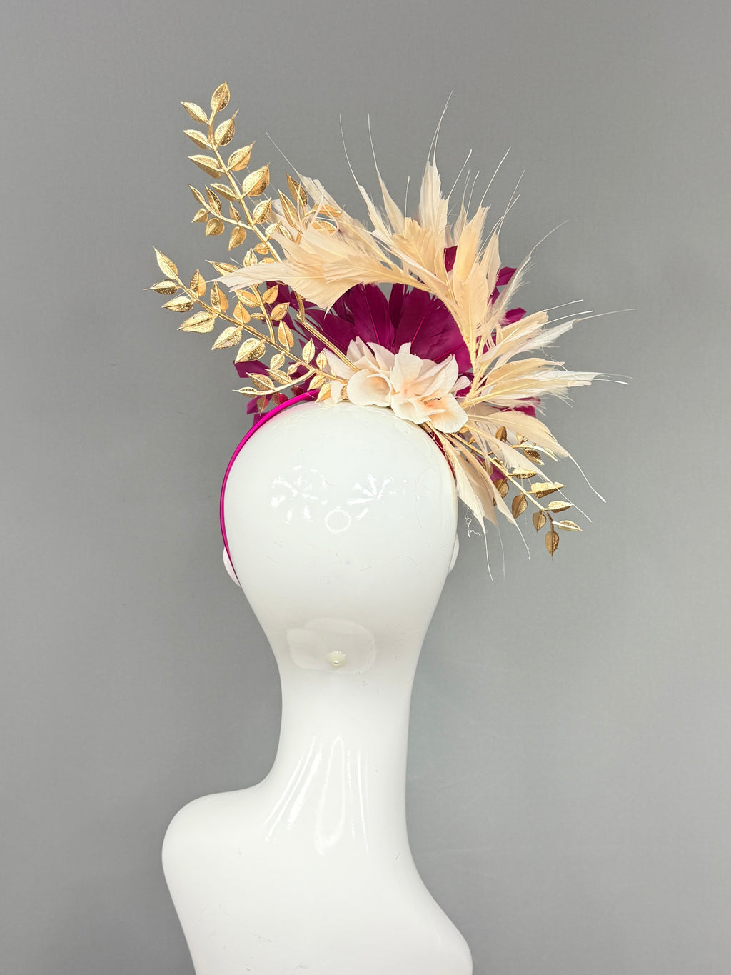 Kentucky Derby Fascinator Hat |Fuchsia, beige, and gold  Headband Hat | Derbyologie