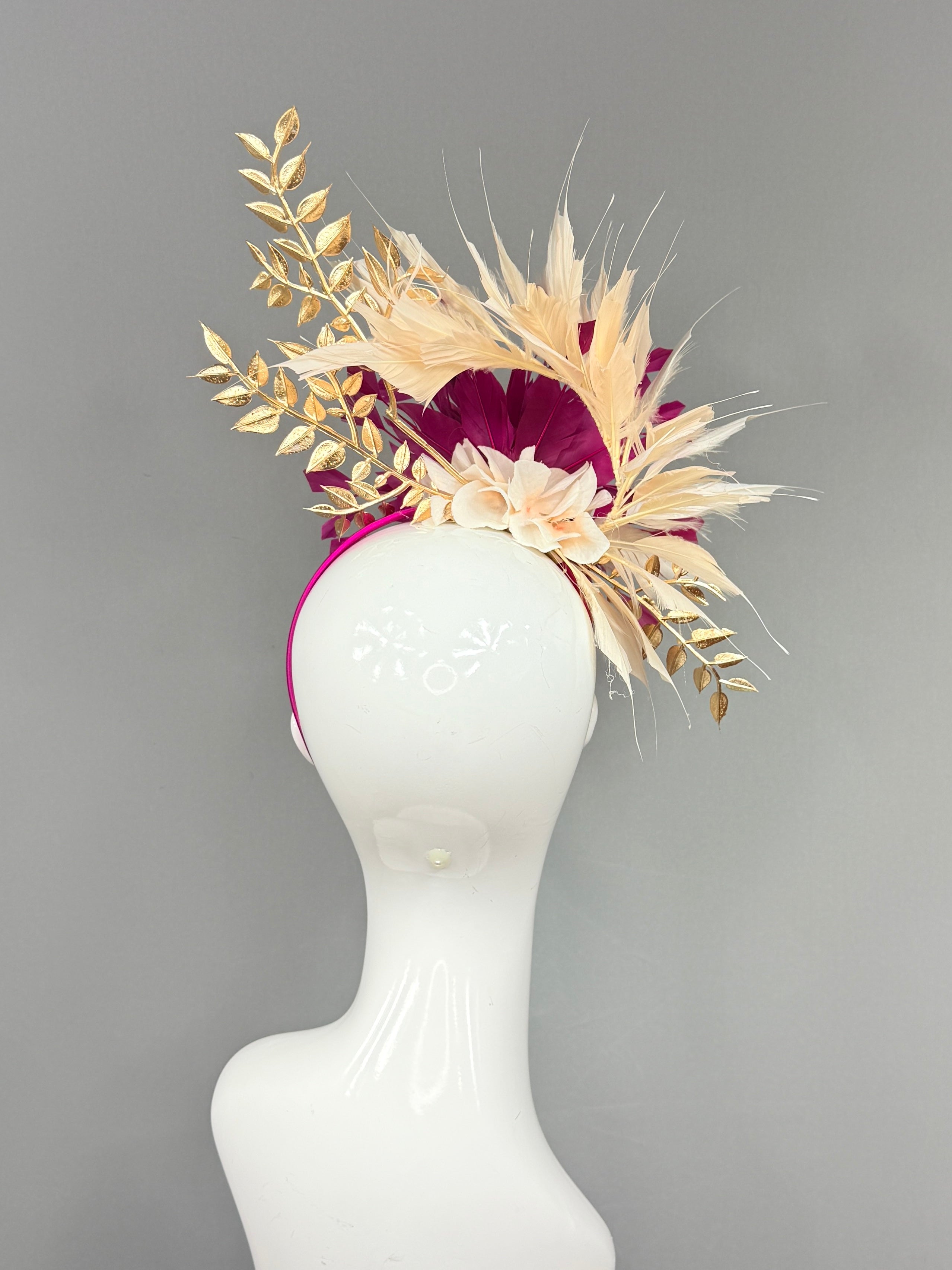 Kentucky Derby Fascinator Hat |Fuchsia, beige, and gold  Headband Hat | Derbyologie
