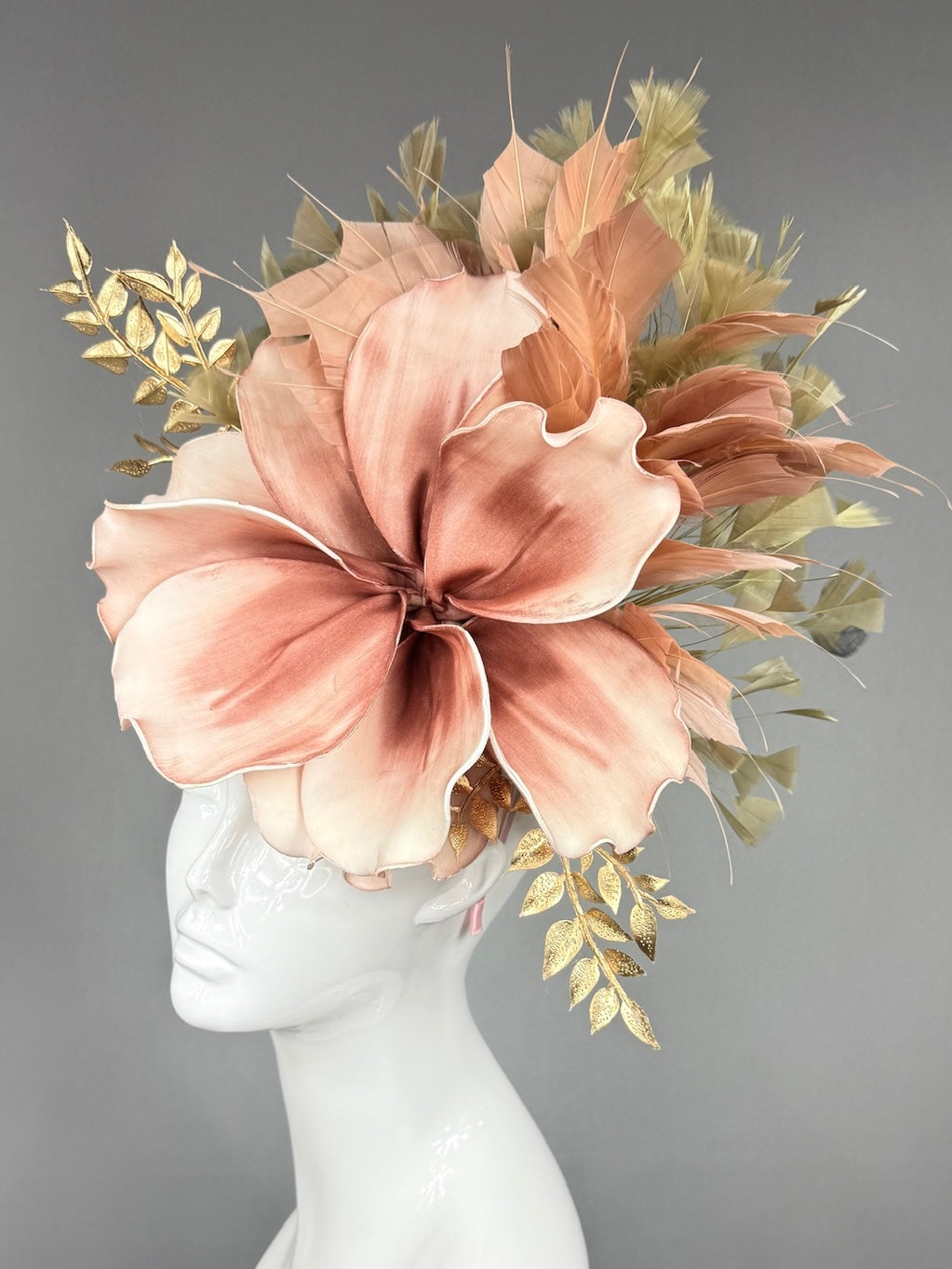 Kentucky Derby Fascinator Hat |  oversized blush magnolia, gold and beige accents Headpiece | Derbyologie