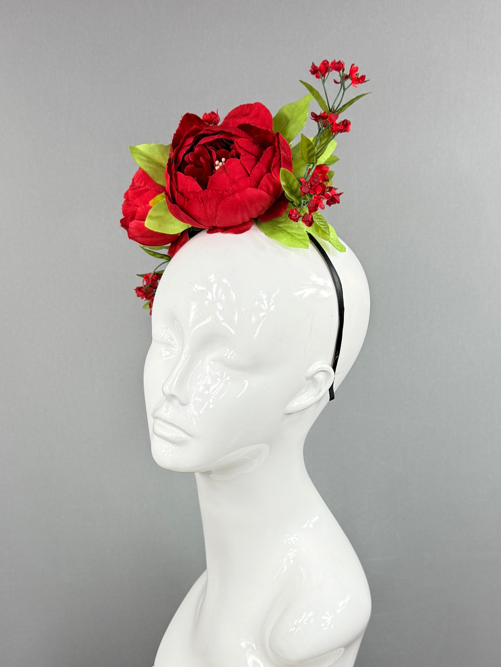 Kentucky Derby Fascinator Hat | Red peonies with green leaves  Headpiece | Derbyologie