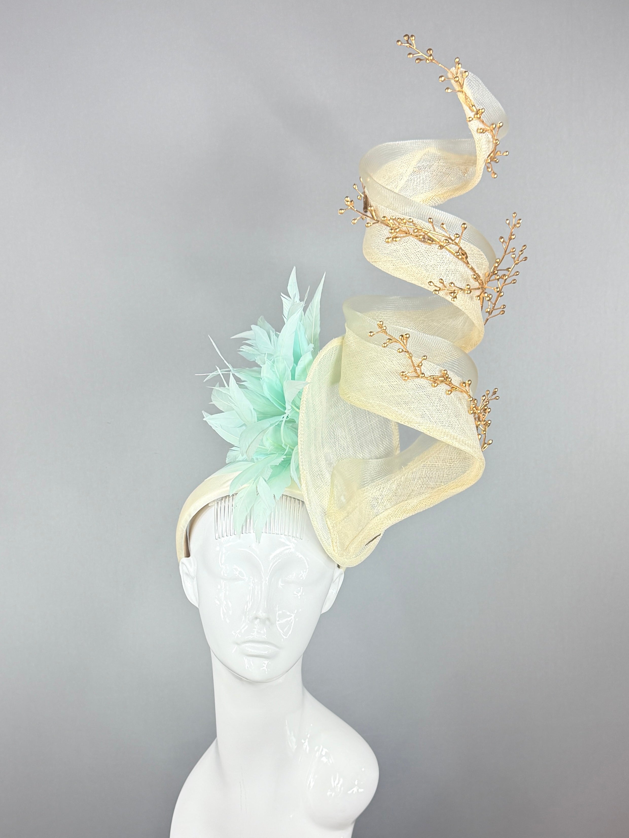Kentucky Derby Fascinator Hat | Cream, gold, mint Headband Hat | Derbyologie