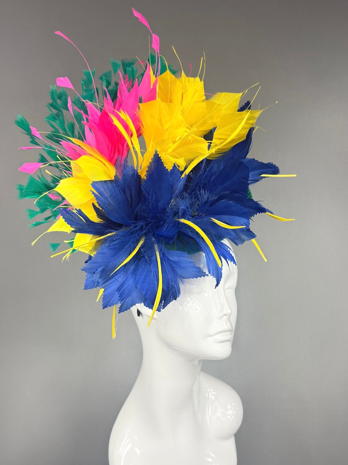 Kentucky Derby Fascinator Hat |  Navy, yellow, pink, and green feathered Headpiece | Derbyologie