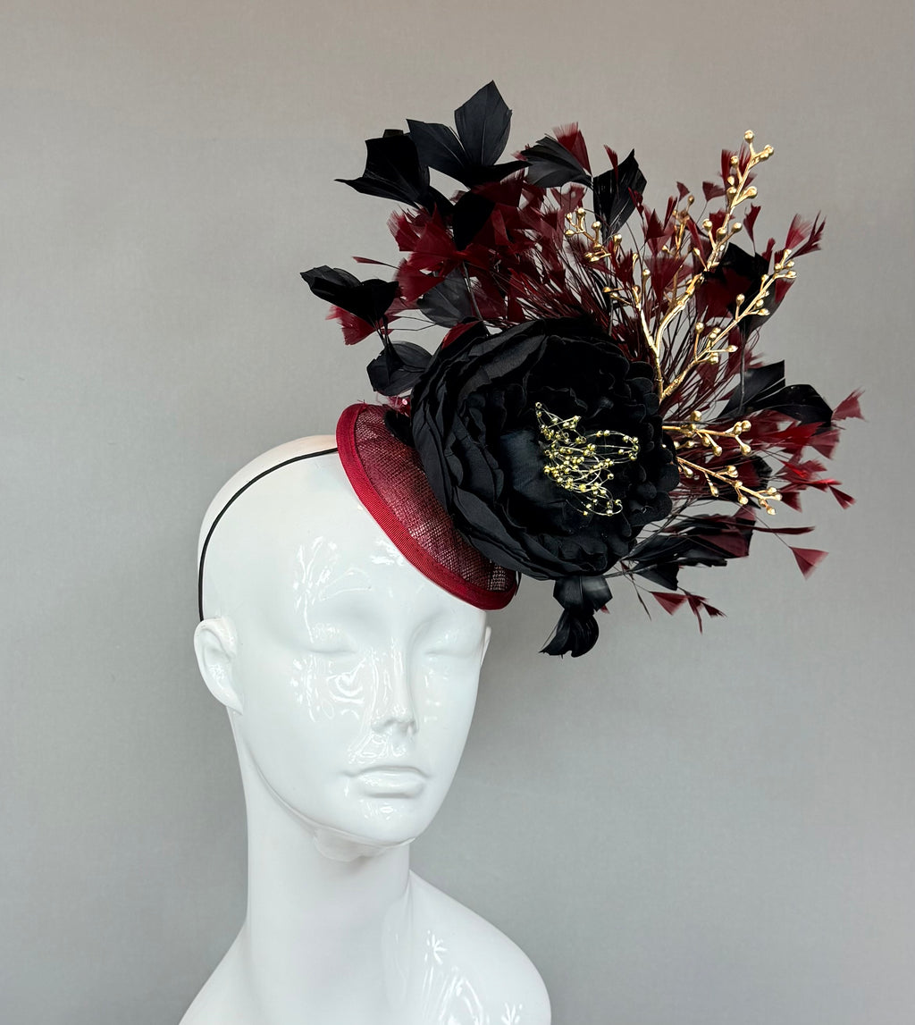 Kentucky Derby Fascinator Hat | Burgundy, Gold and Black Headpiece | Derbyologie