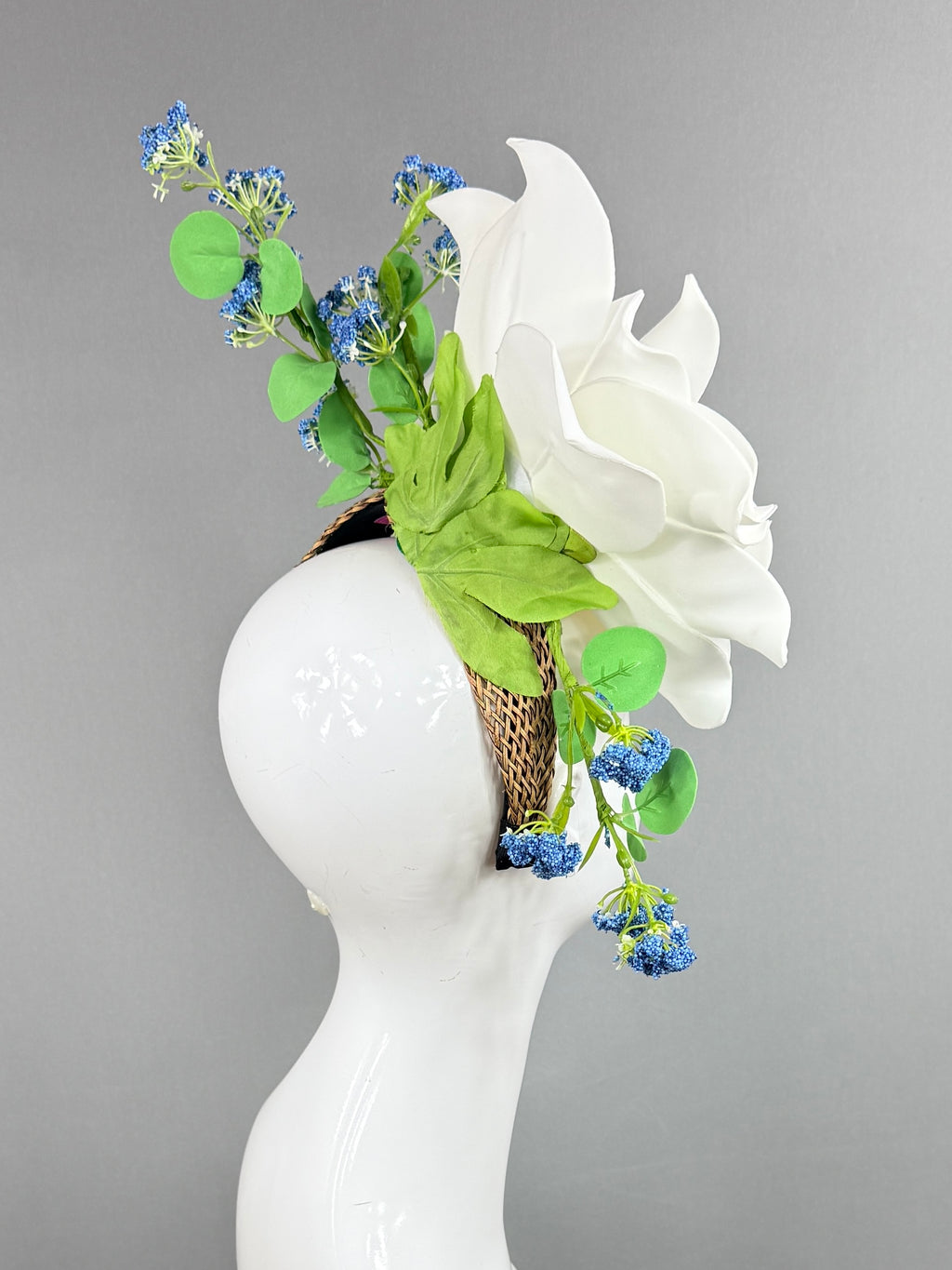 Kentucky Derby Fascinator Hat | White magnolia with blue and green flowers Headpiece | Derbyologie