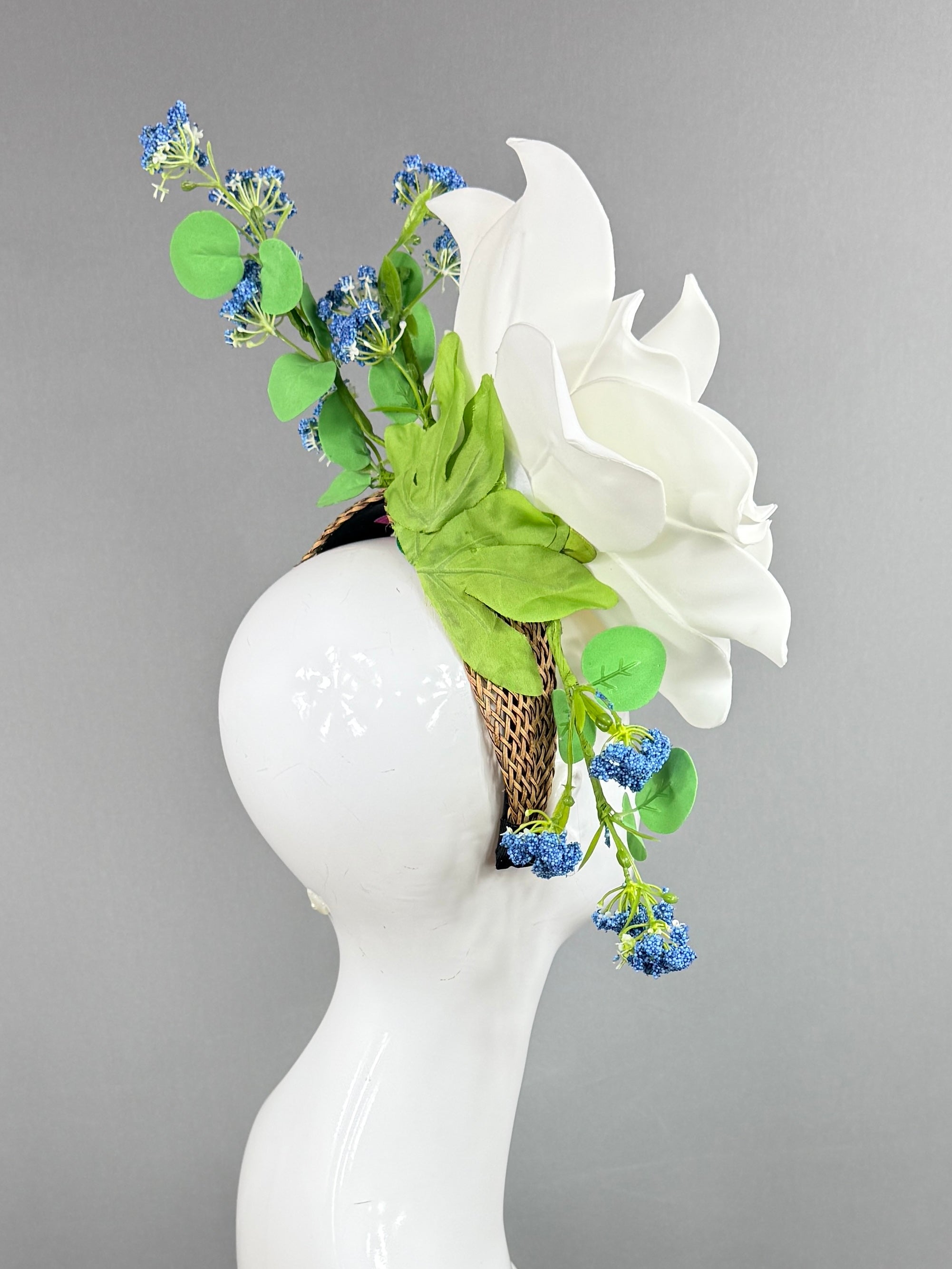 Kentucky Derby Fascinator Hat | White magnolia with blue and green flowers Headpiece | Derbyologie