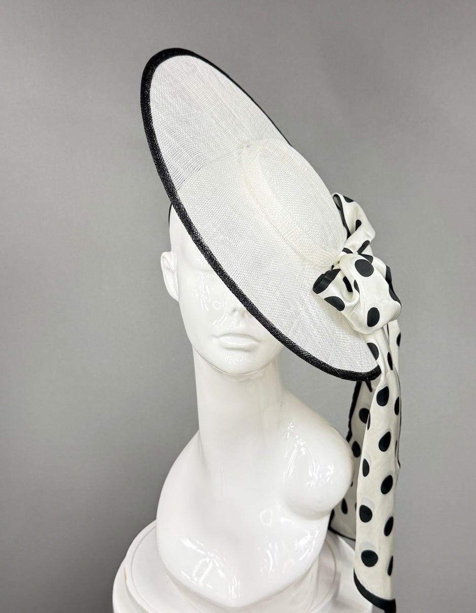 Kentucky Derby Fascinator Hat | White mat with black polka dot bow Headpiece | Derbyologie