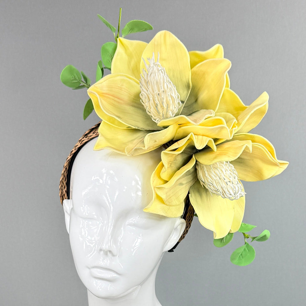 Kentucky Derby Fascinator Hat | Yellow magnolias with green eucalyptus Headpiece | Derbyologie