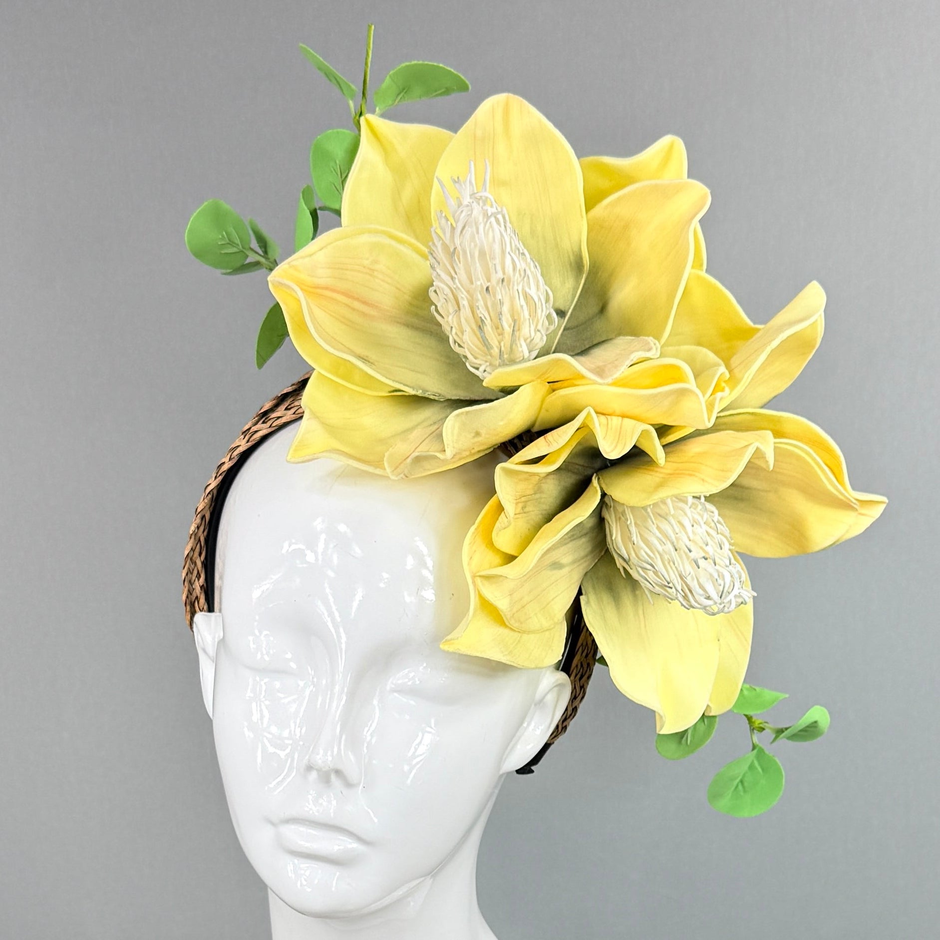 Kentucky Derby Fascinator Hat | Yellow magnolias with green eucalyptus Headpiece | Derbyologie