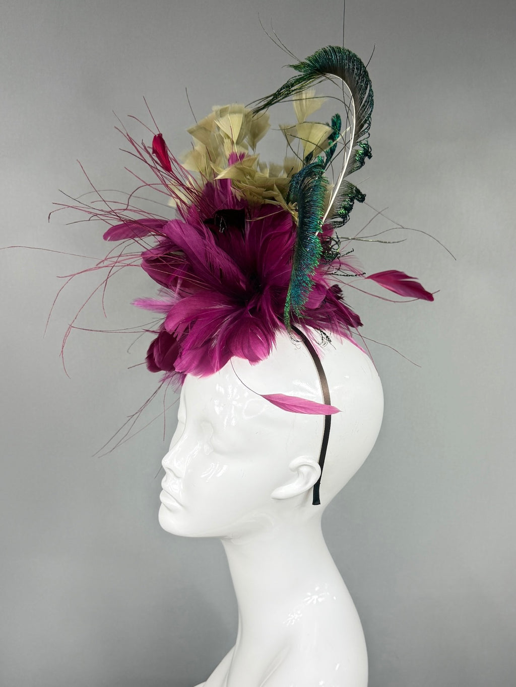 Kentucky Derby Fascinator Hat |  Purple, gold, and green feathered Headpiece | Derbyologie