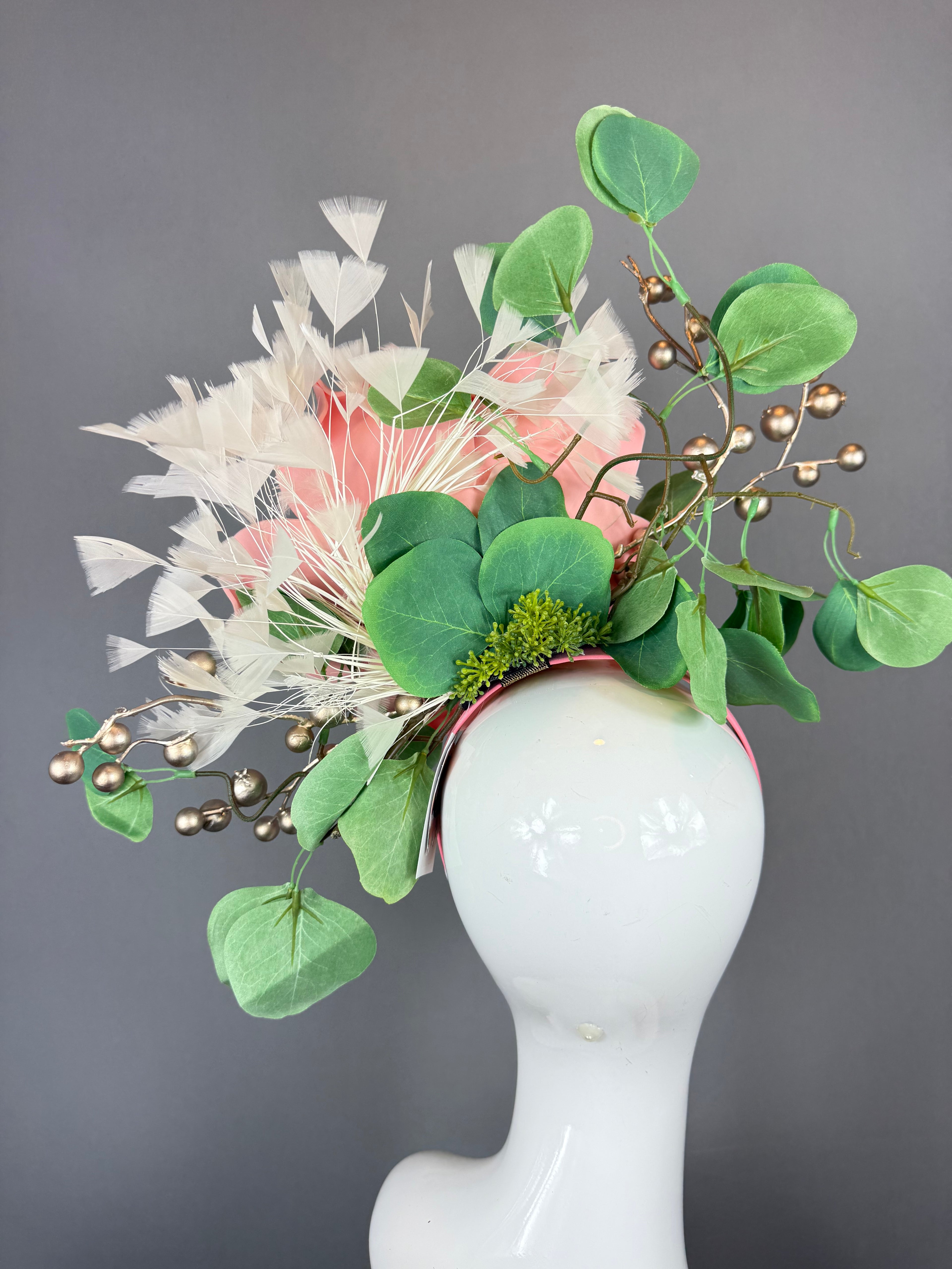 Kentucky Derby Fascinator Hat | Peachy Pink & Green Flower Headpiece | Derbyologie
