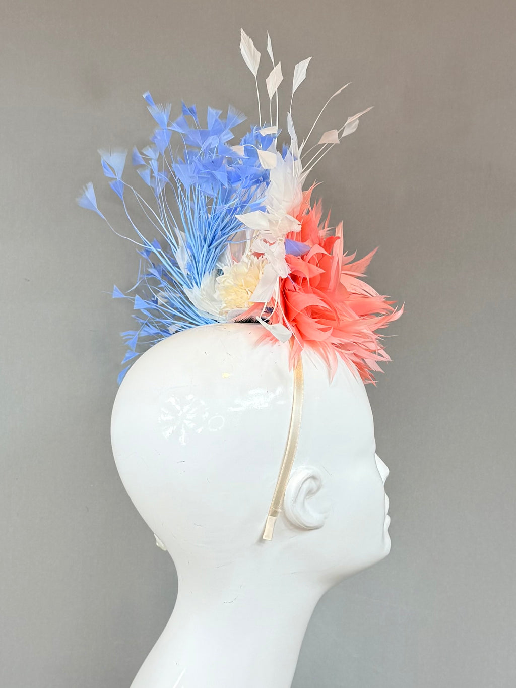 Kentucky Derby Fascinator Hat | Coral, white, and blue feathered Headband Hat | Derbyologie