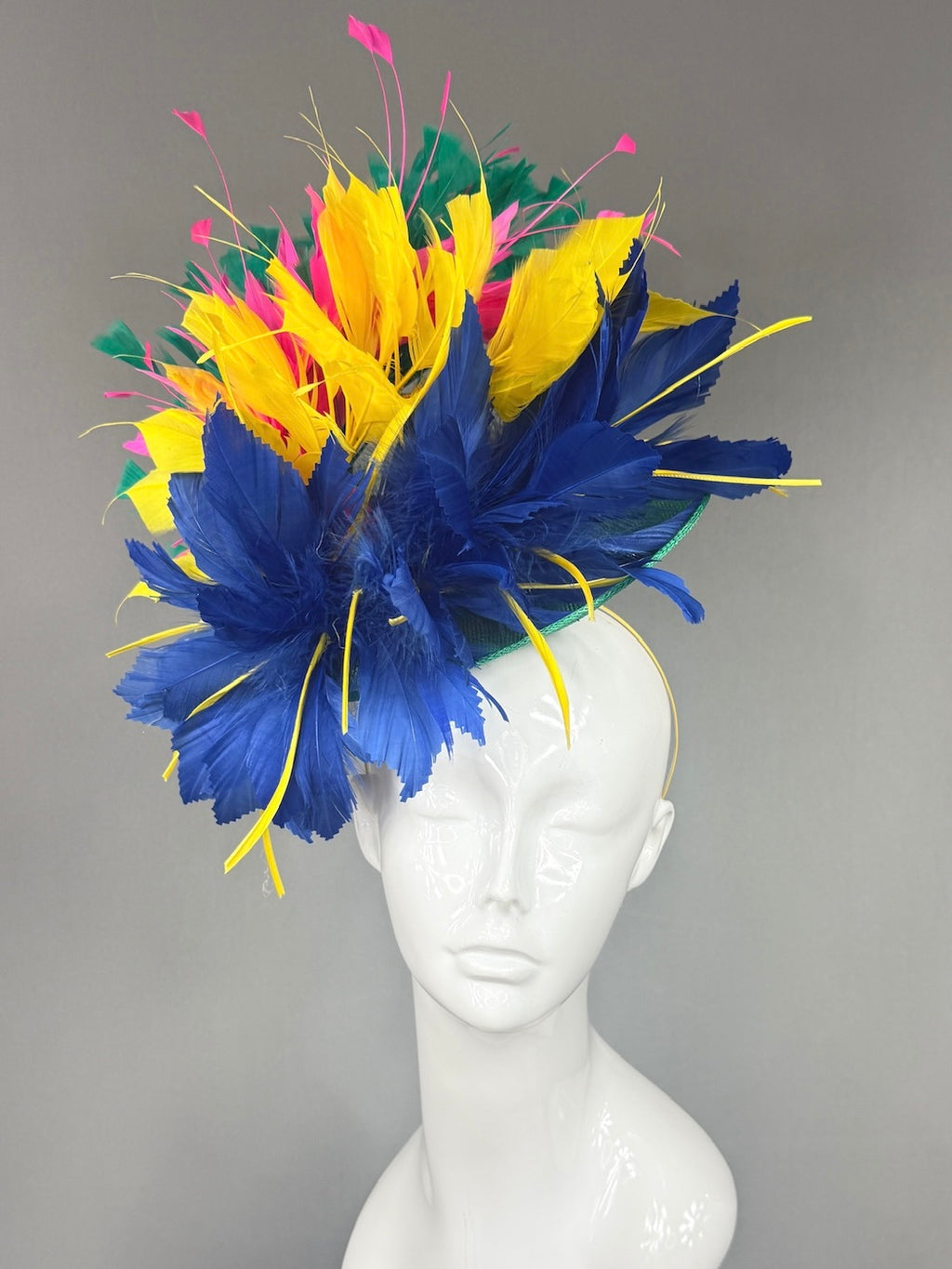 Kentucky Derby Fascinator Hat |  Navy, yellow, pink, and green feathered Headpiece | Derbyologie