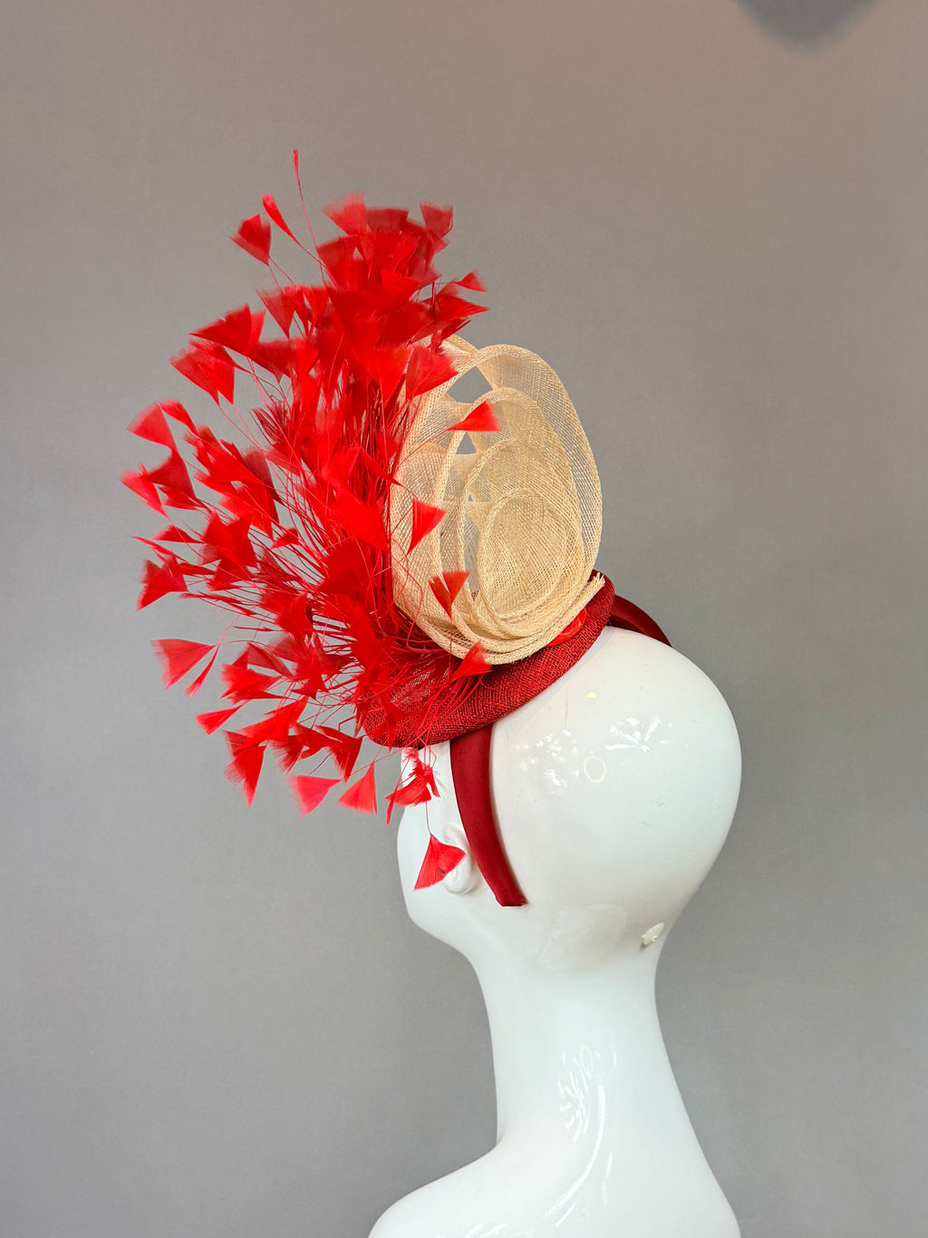 Kentucky Derby Fascinator | Red and Beige Feather Hat | Derbyologie