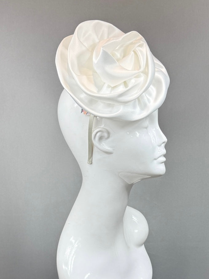 Kentucky Derby Fascinator Hat |  White fabric rose Headpiece | Derbyologie