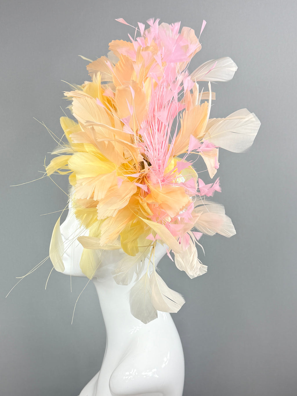 Kentucky Derby Fascinator Hat | Yellow, pink, and beige feathered Headpiece | Derbyologie