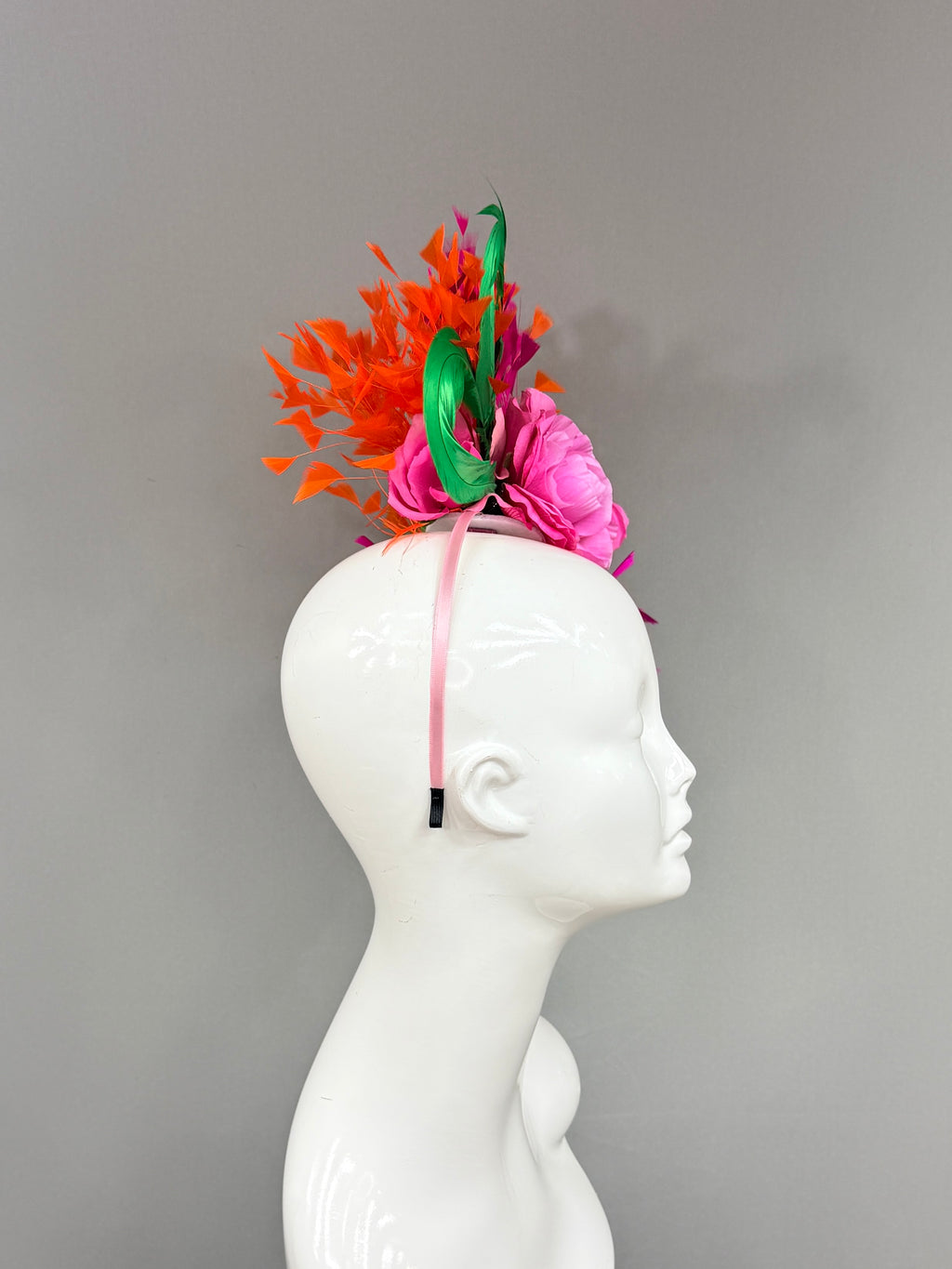 Kentucky Derby Fascinator Hat | Orange, pink, and green feathered Headband Hat | Derbyologie
