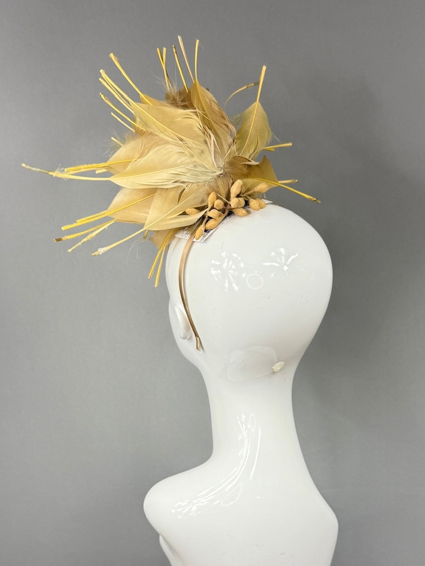 Kentucky Derby Fascinator Hat | Gold feathered dahlia Headpiece | Derbyologie
