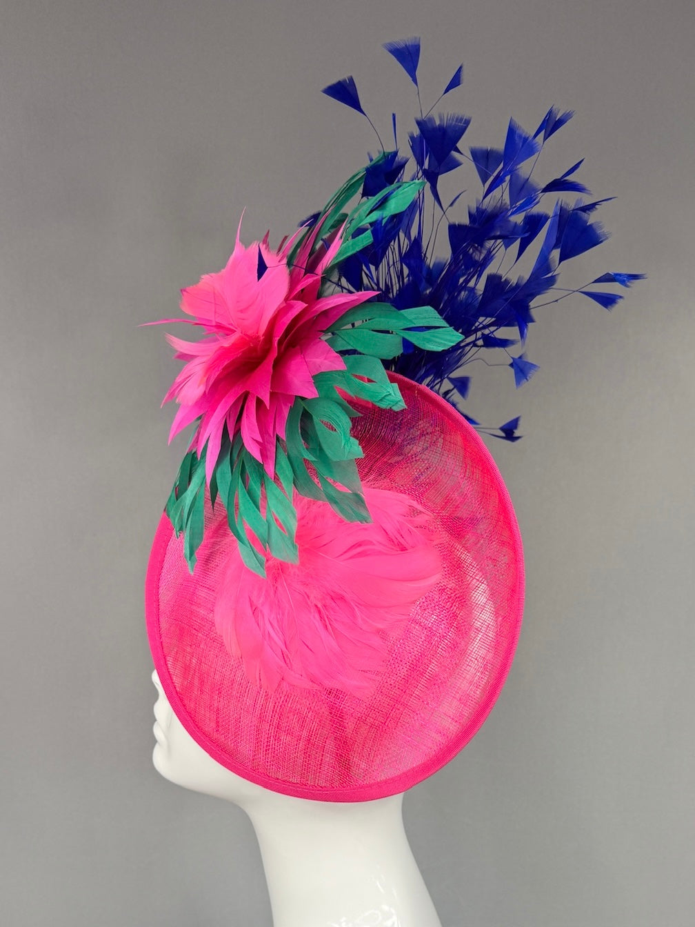 Kentucky Derby Fascinator Hat |  Pink and green feathered dahlia with blue feathers Headpiece | Derbyologie