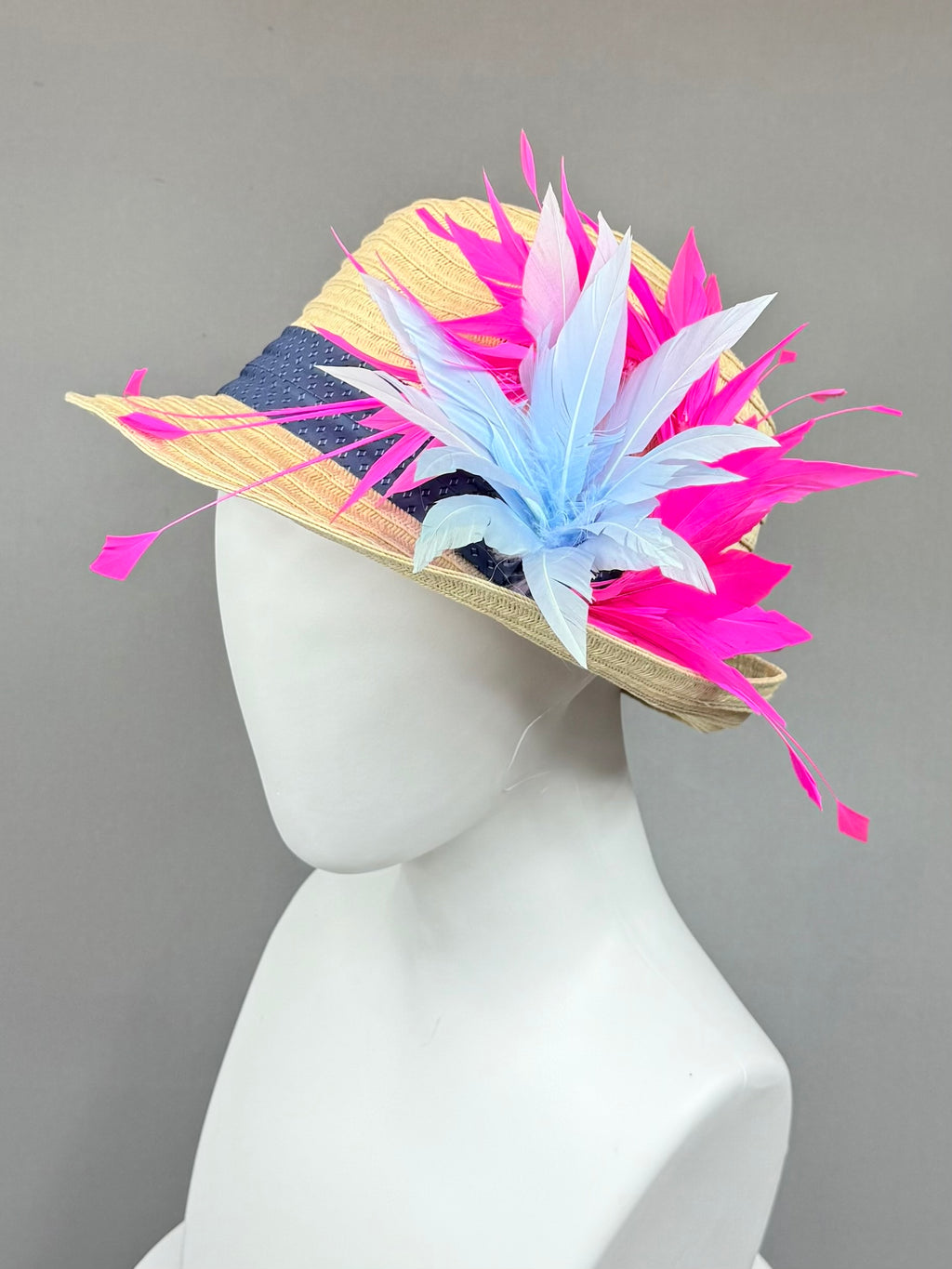 Kentucky Derby Men’s Hat | Straw Fedora, Blue & Pink Feather Hat| Derbyologie