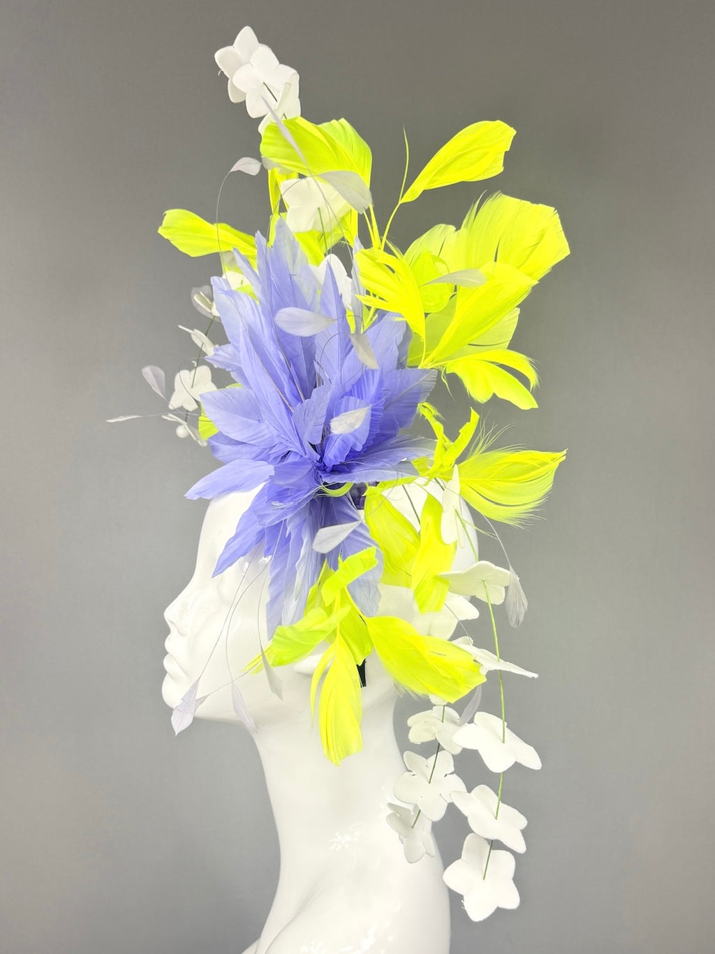Kentucky Derby Fascinator Hat |  Purple and lime green feathers and white flowers Headpiece | Derbyologie